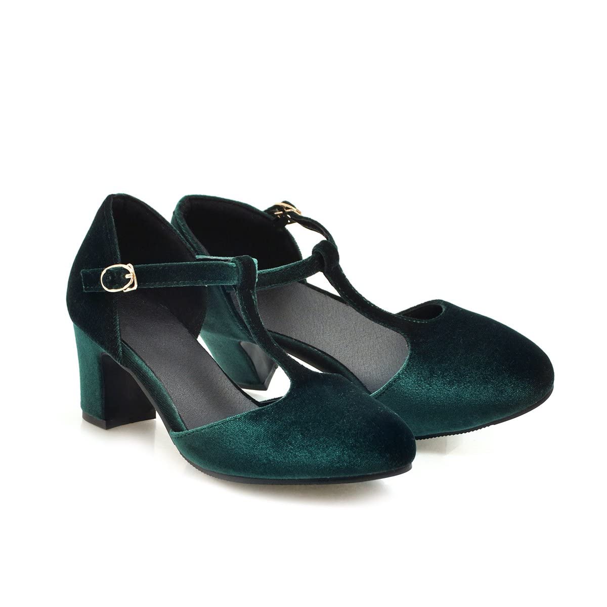 Women's T-Strap Velvet Chunky Heel Pumps - Black & Green Closed Toe Dress Shoes with Ankle Strap | Perfect for Evening Parties, Weddings & Formal Events