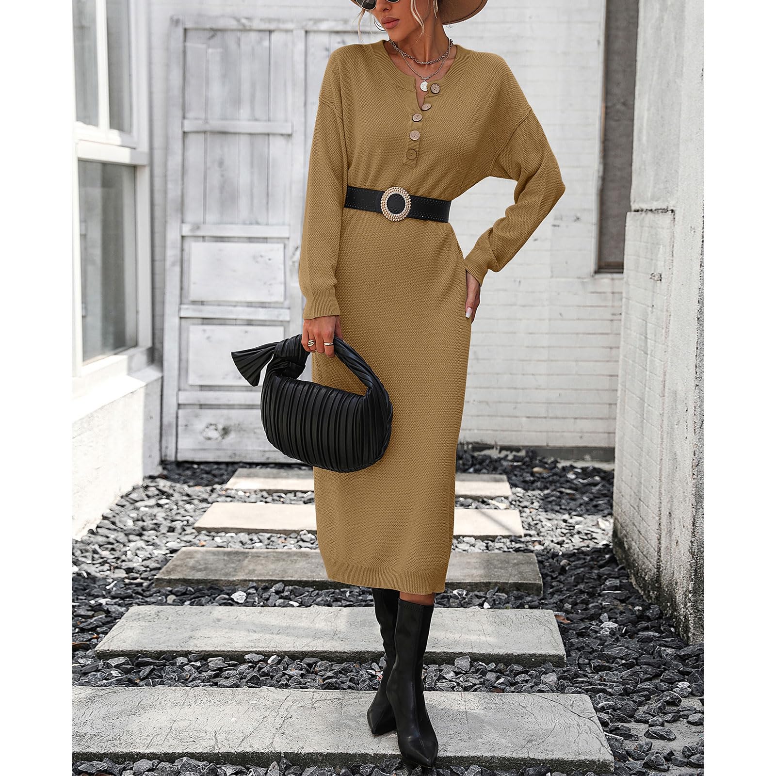 Women's Oversized V-Neck Button Long Sleeve Sweater Dress - Casual Loose Waffle Knit Maxi Pullover for Fall Winter Fashion | Perfect for Office, Date Night & Cozy Home Wear