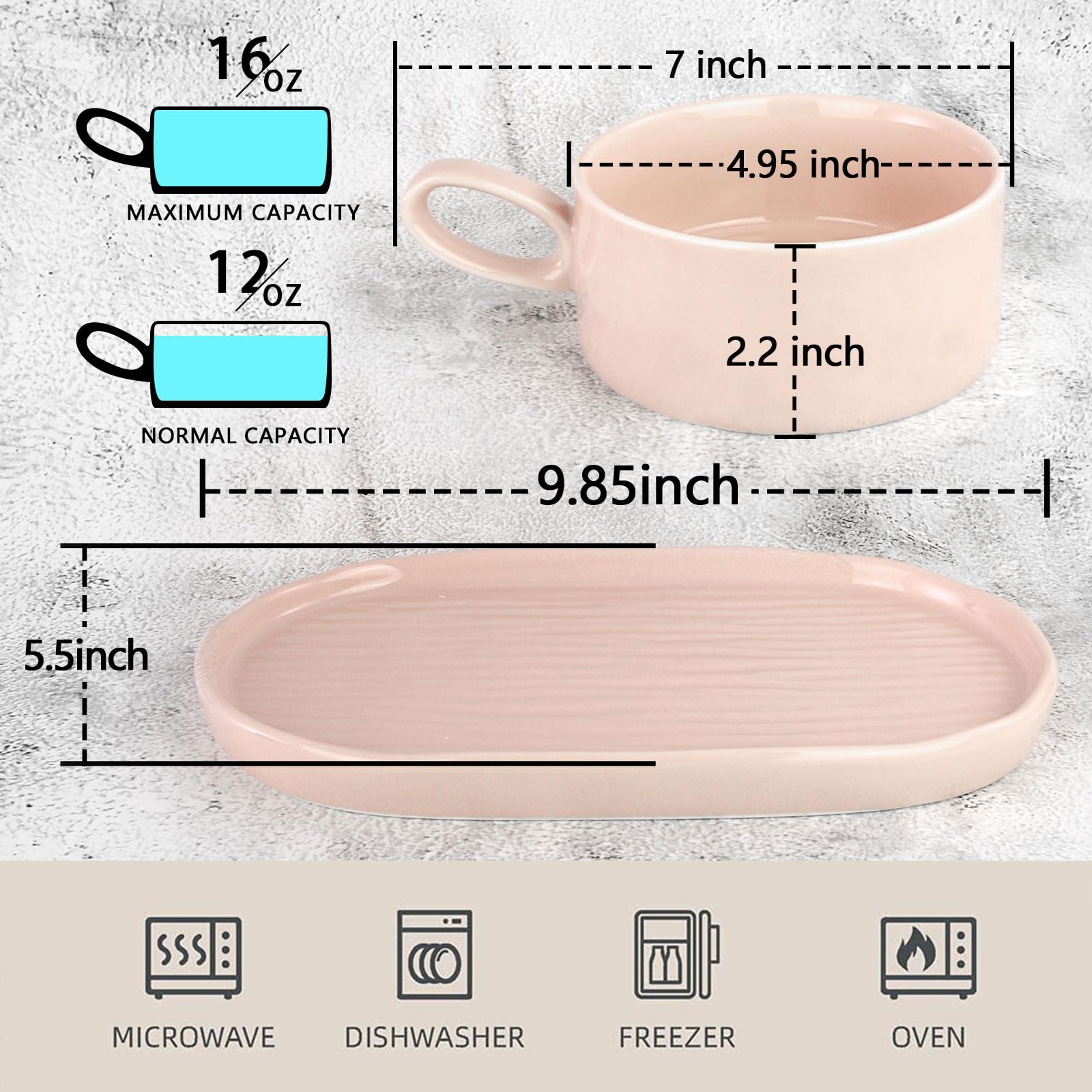 **Artena 16 oz Ceramic Soup and Sandwich Plate Set - 9.85-inch Glazed Bowls with Handles for Soup, Side Dishes & Crackers - Perfect for Breakfast, Bread Dipping & Casual Dining (Soft Pink)**