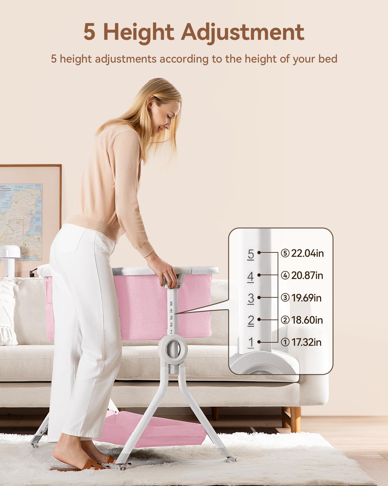 Larex Adjustable Baby Bassinet Bedside Sleeper - Portable Crib with Storage Basket & Wheels for Newborns & Infants - Easy Fold Assembly (Pink) | Perfect for Nursery, Bedroom & Travel Use