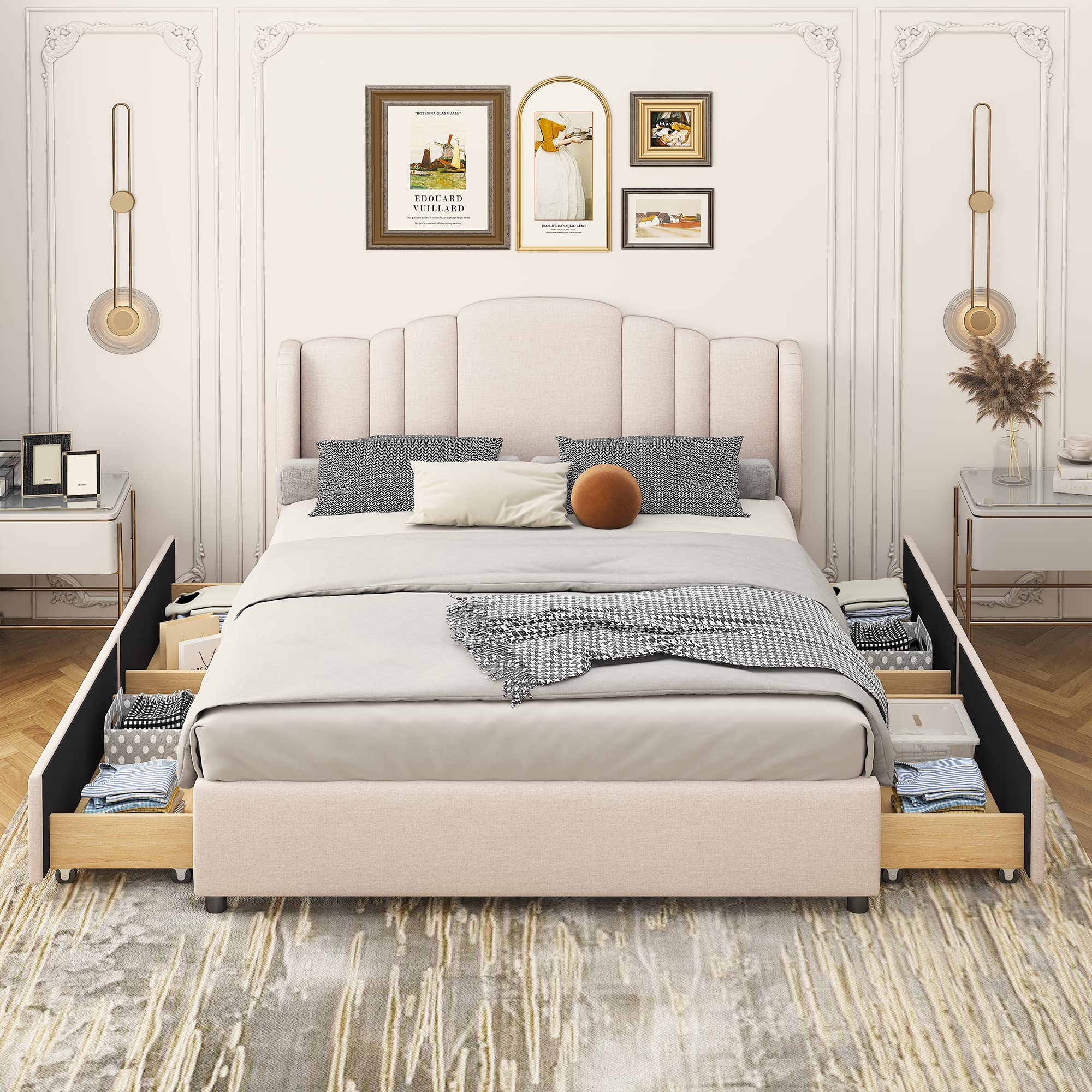 Beige Upholstered Queen Size Platform Bed Frame with 4 Storage Drawers & Headboard - Solid Wood Slats Support, Easy Assembly, No Box Spring Needed - Perfect for Small Bedrooms, Guest Rooms & Space-Saving Storage Solutions