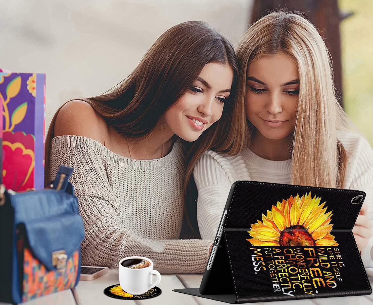 Shockproof iPad Case for iPad 10.2 (8th/7th Gen 2020/2019) & iPad Air/Pro 10.5 inch - Durable Protective Cover with Sunflower Design & Coasters Set | Perfect for Work, Travel and Home Use