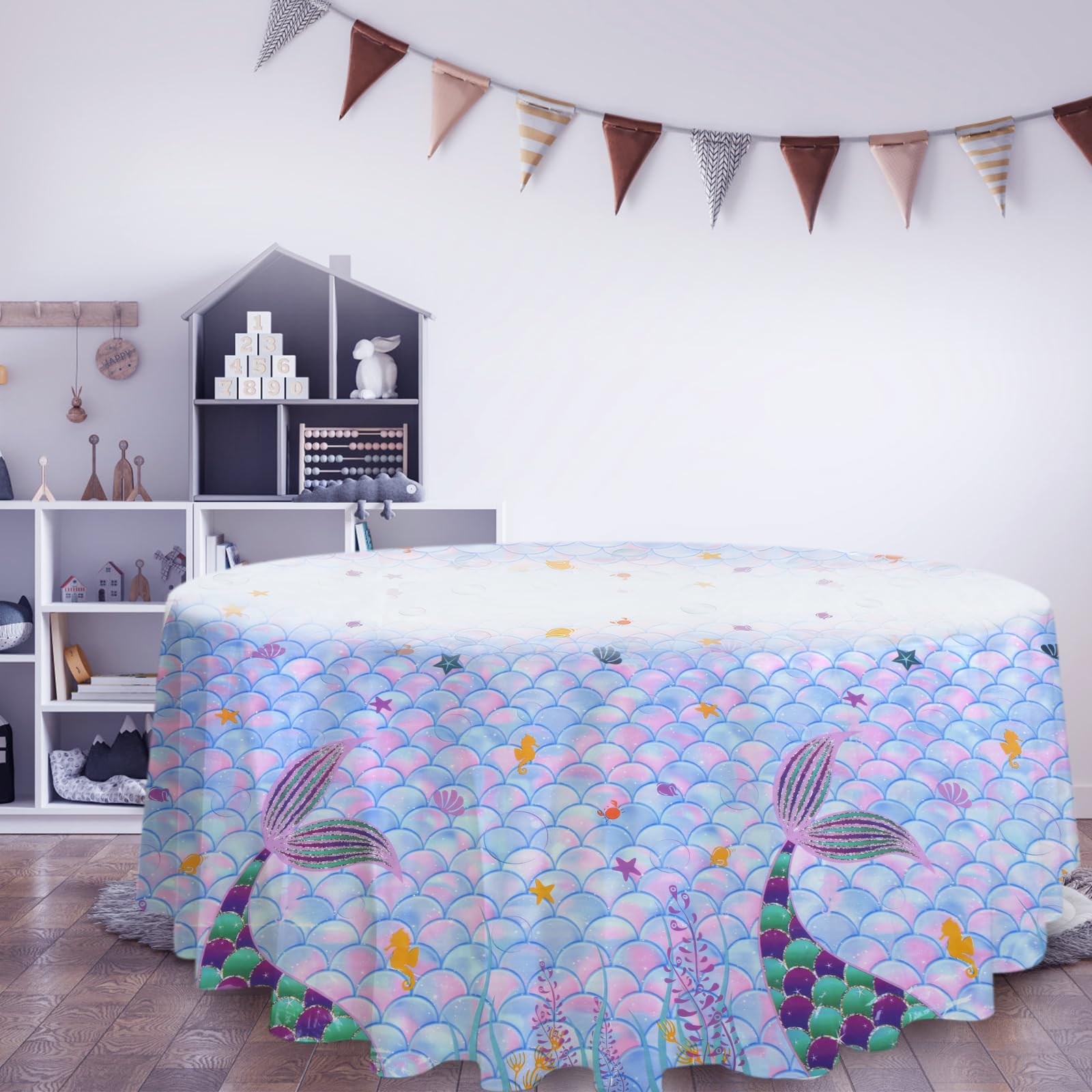 3 Pack Mermaid Baby Shower Tablecloths - 70 Inch Round Plastic Table Covers for Baby Shower Party Decorations, Gender Reveal & Birthday Celebrations - Waterproof & Disposable for Easy Cleanup