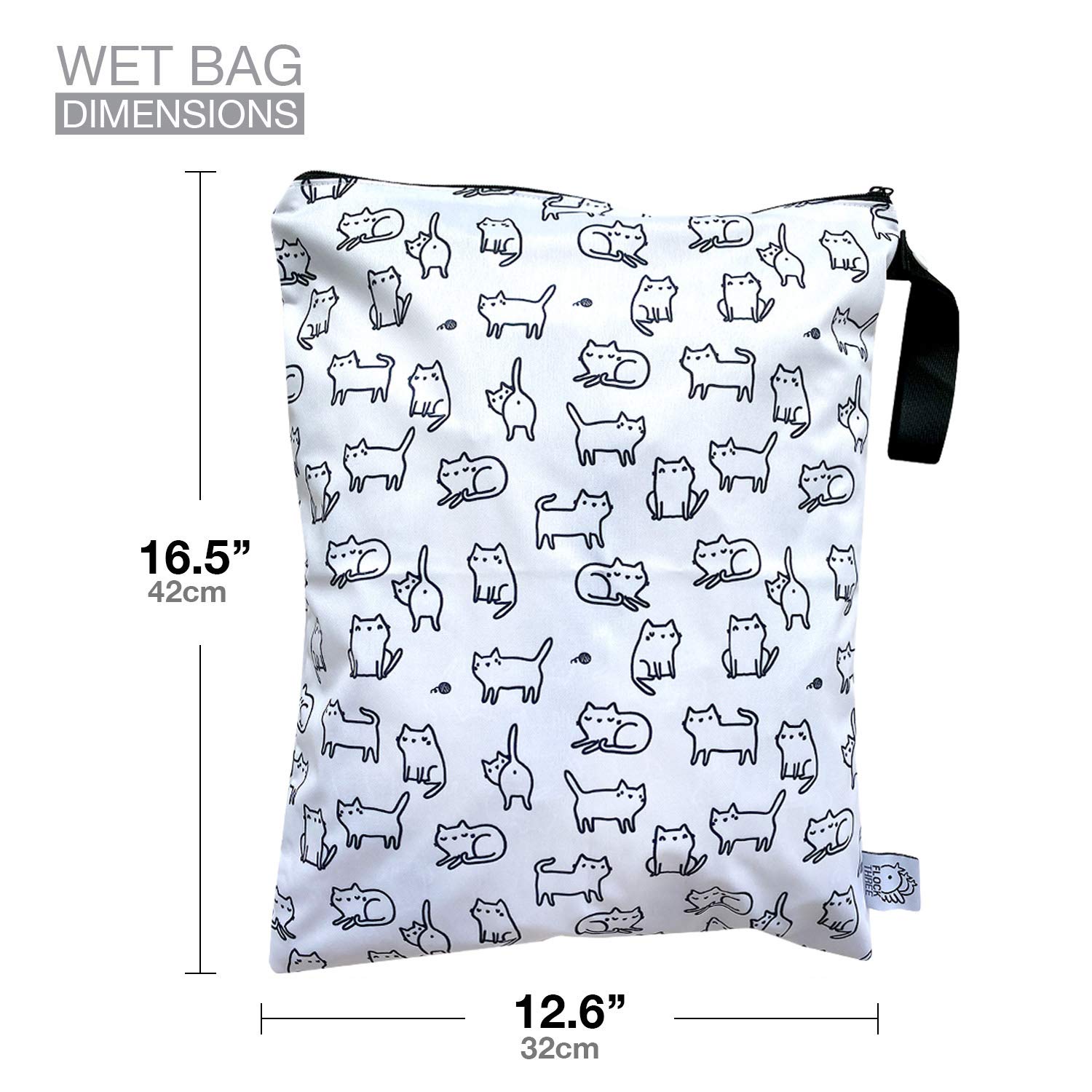 FLOCK THREE Washable Reusable Wet Bag - Waterproof Diaper Bag, Swim Bag & Travel Toiletries Organizer with Zipper (12.6