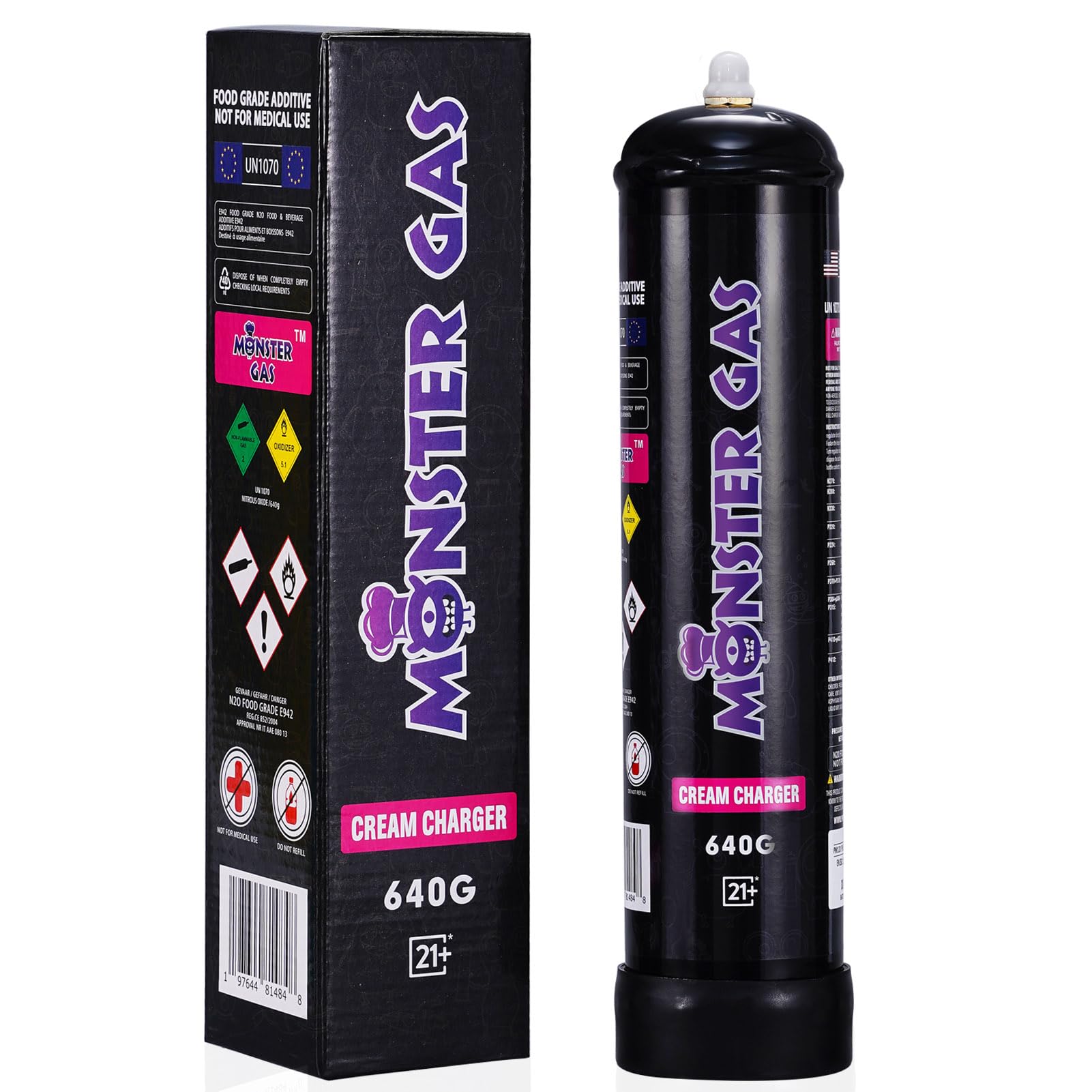 Premium 1.1L Nitrous Oxide Cream Charger (640g N2O) - Professional Whipped Cream Dispenser Refill Cartridges for Desserts, Coffee & Cocktails - Pack of 1