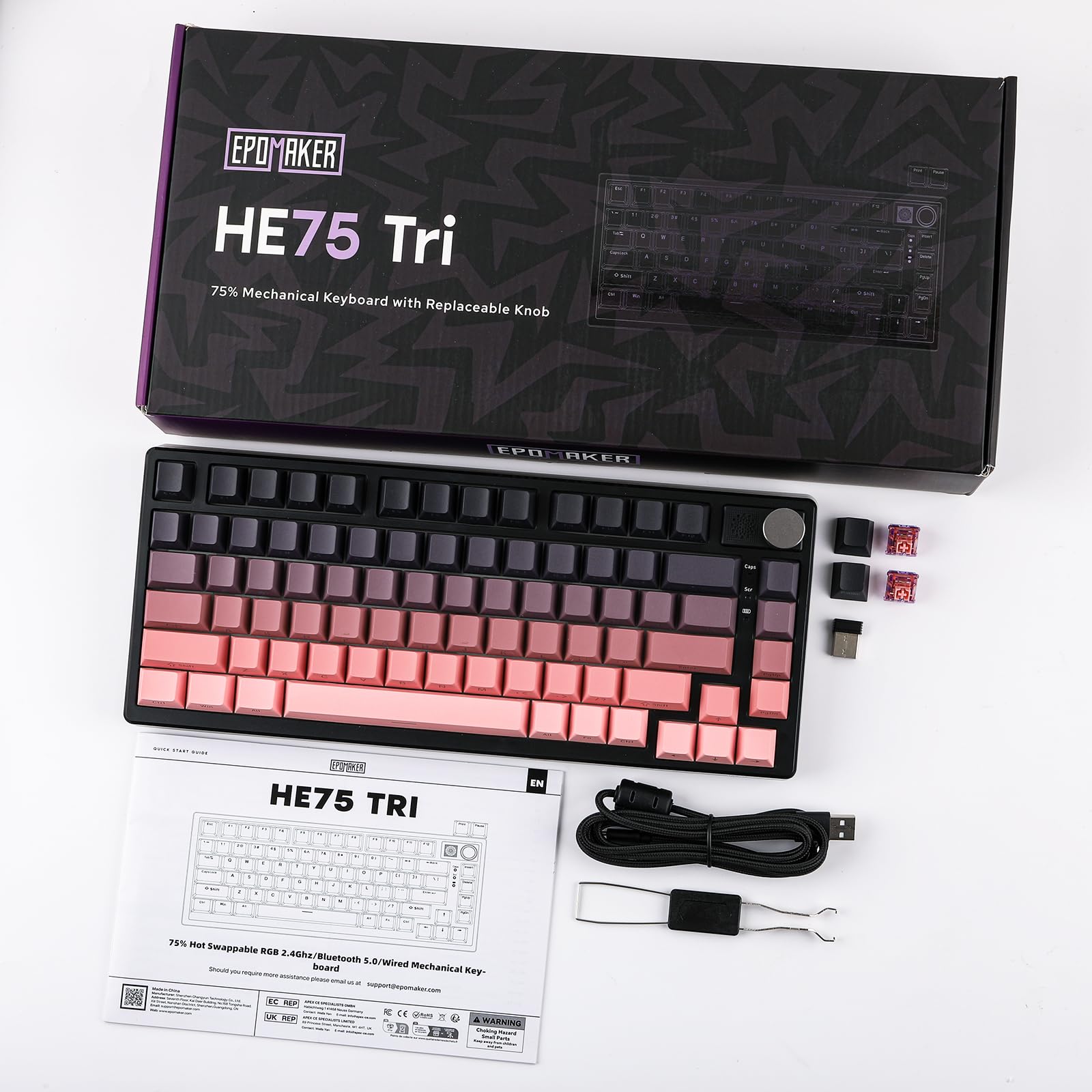 EPOMAKER HE75 Wireless Mechanical Keyboard - RGB Backlit, Hot-Swappable, 4000mAh Battery for Gaming & Office (Black Pink)