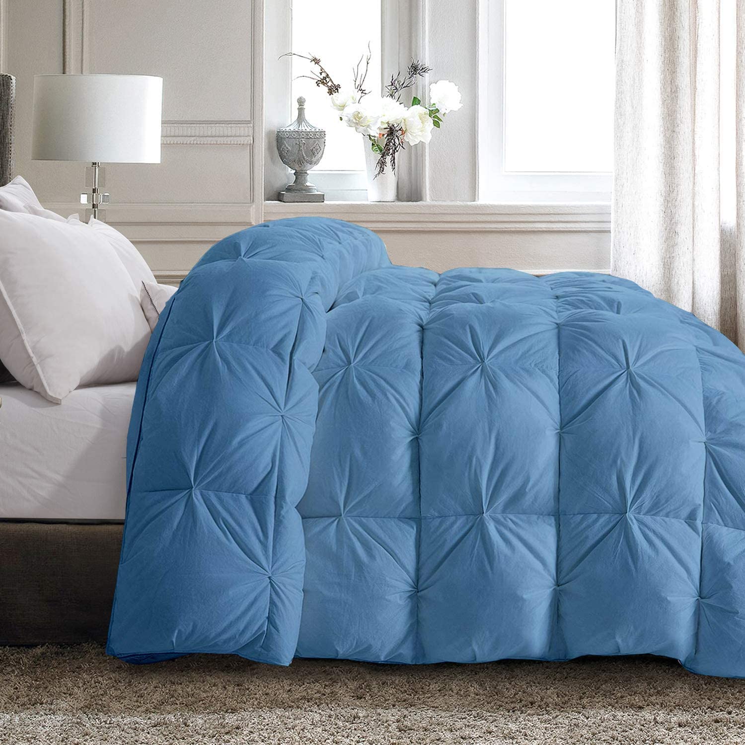 Pinch Pleated 100% Cotton All Season Comforter - Lightweight Down Alternative Quilted Bedding, Soft & Cooling for Warm Weather & Hot Sleepers (Full/Queen, Medium Blue) - Perfect for Summer Nights & Temperature Regulation