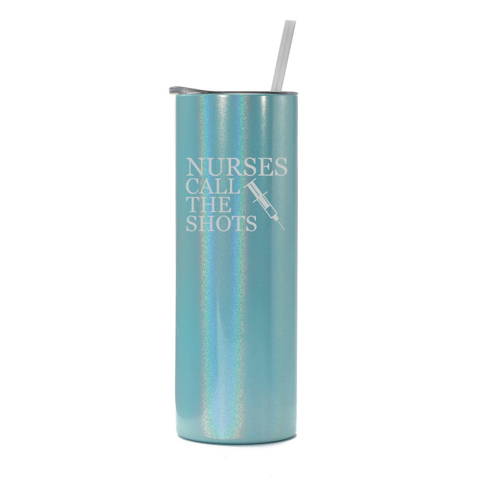 20 oz Skinny Tall Stainless Steel Vacuum Insulated Tumbler with Straw - Leakproof Travel Mug for Coffee & Tea - Light Blue Iridescent Glitter - Perfect for Nurses, Office Workers & Commuters