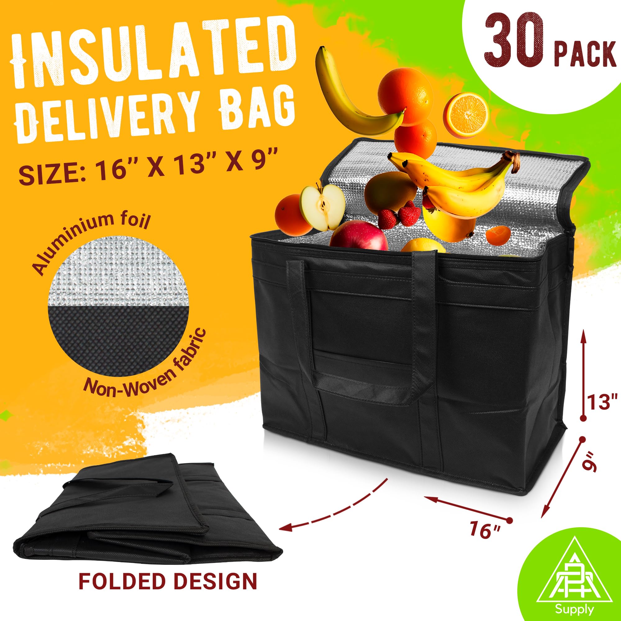 Insulated Black Food Delivery Bag with Zippered Top - Thermal Grocery & Catering Bag for Takeout, Meal Prep & Food Transportation | Perfect for Uber Eats, DoorDash & Restaurant Deliveries