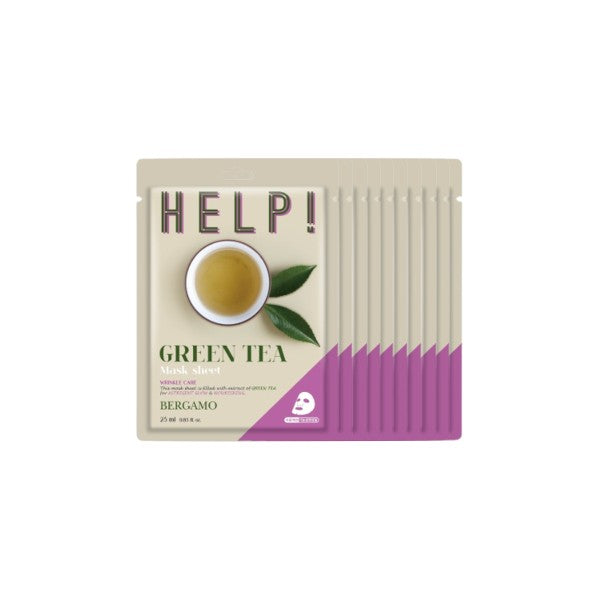 Bergamo Help! Green Tea Mask Pack - 25ml x 10 Sheets - Hydrating & Soothing Facial Sheet Masks for Glowing Skin | Perfect for Spa Day, Self-Care Routine & Travel Skincare