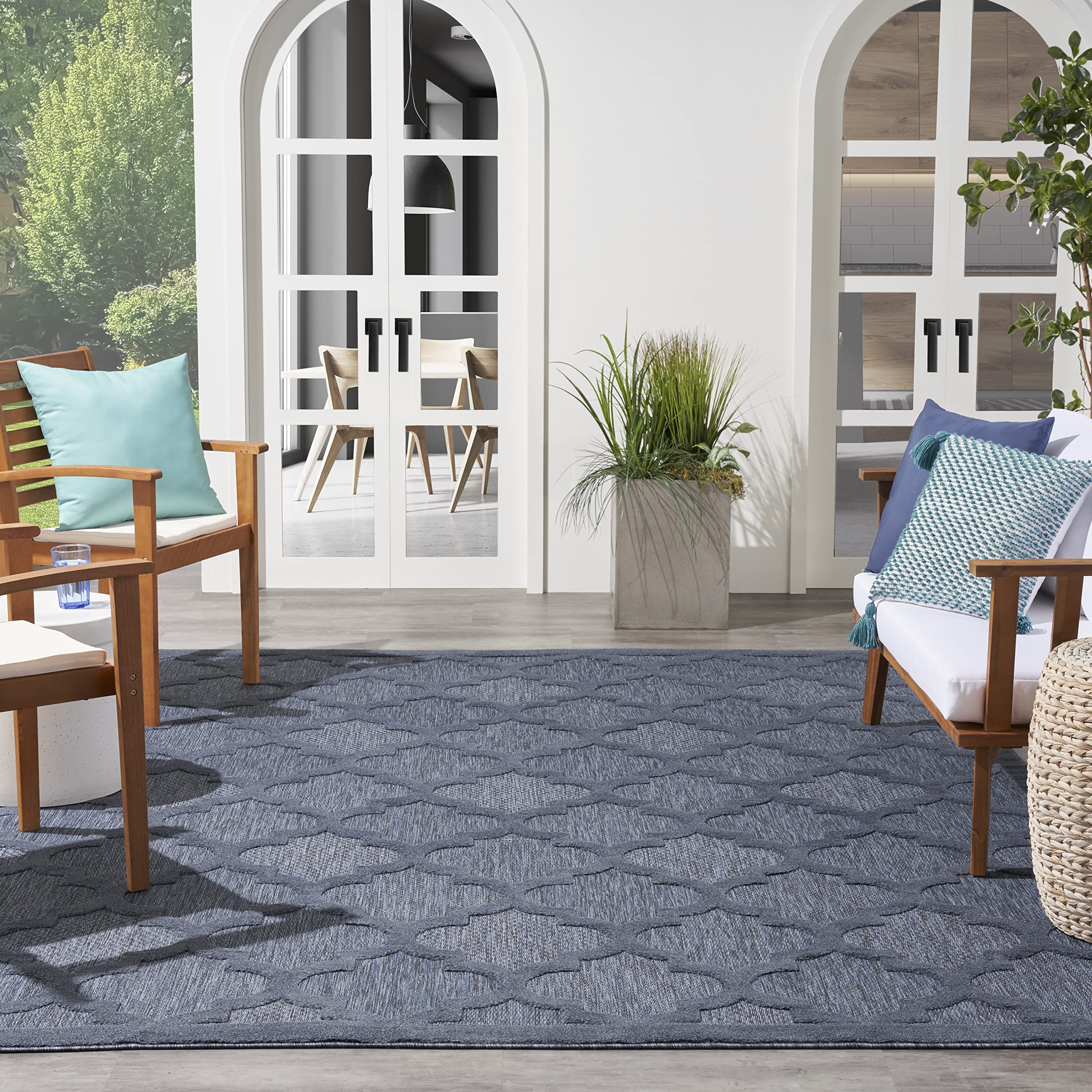 Nourison Easy Care Moroccan Navy Blue 9' x 12' Area Rug - Trellis Design, Non-Shedding & Easy Cleaning - Perfect for Bedroom, Living Room, Dining Room, Backyard, Deck & Patio (9x12) - Ideal for Indoor/Outdoor Use & High-Traffic Areas