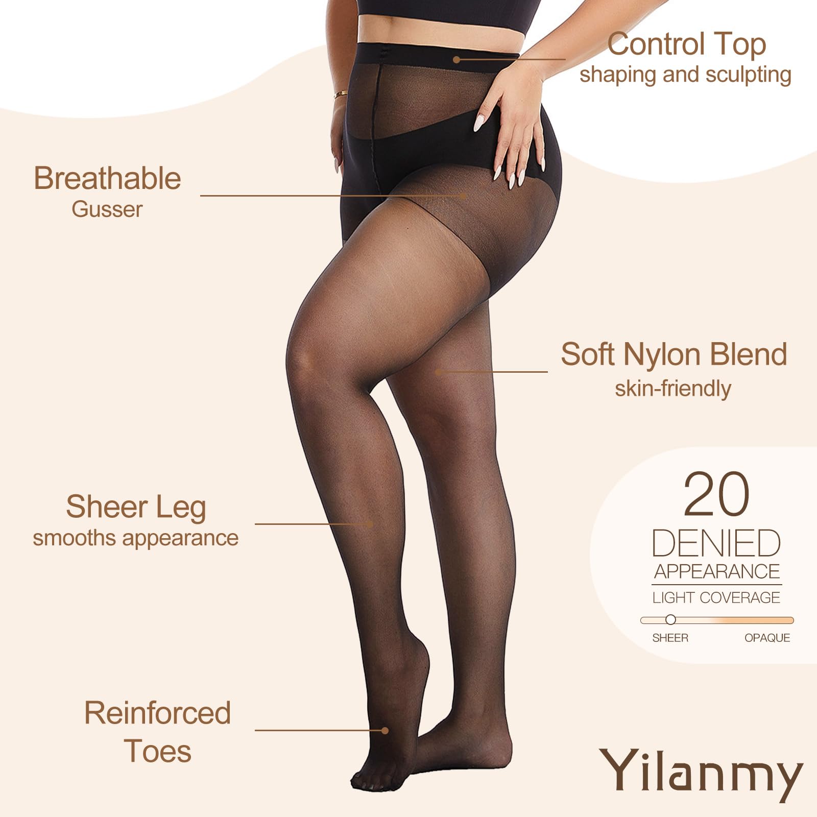 Yilanmy Women's 4 Pairs Plus Size Pantyhose - 20 Denier Sheer Soft Tights Queen Nylon Stockings for Work, Dress & Everyday Comfort