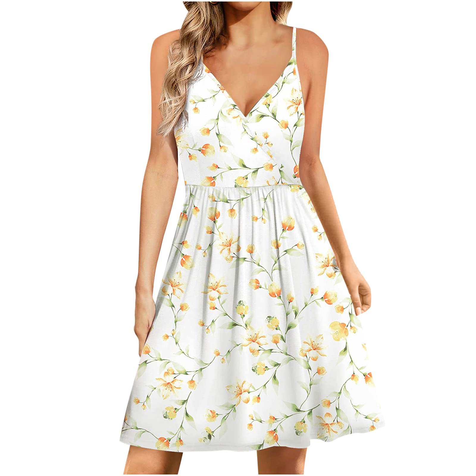Women's Knee Length Sundress - Sexy V-Neck Slip Beach Dress with Floral Print | Trendy Summer Dress 2022 | Perfect for Beach Vacations, Pool Parties & Casual Outings