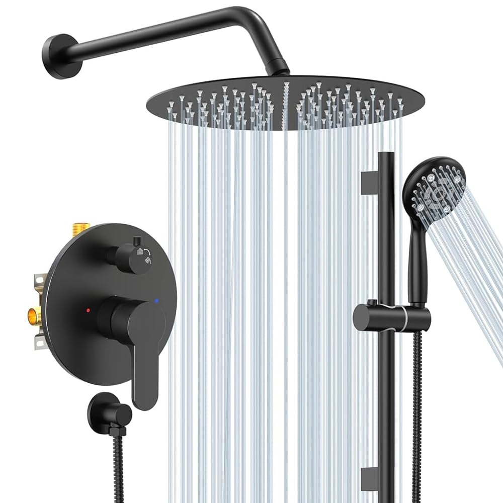SR SUN RISE 12 Inch Slide Bar Shower System - Round Rainfall Shower Head with 6-Spray Handheld Combo, Wall Mounted Dual Shower Faucet Set Including Valve & Trim Kit in Matte Black - Perfect for Modern Bathroom Renovation and Spa-Like Shower Experience