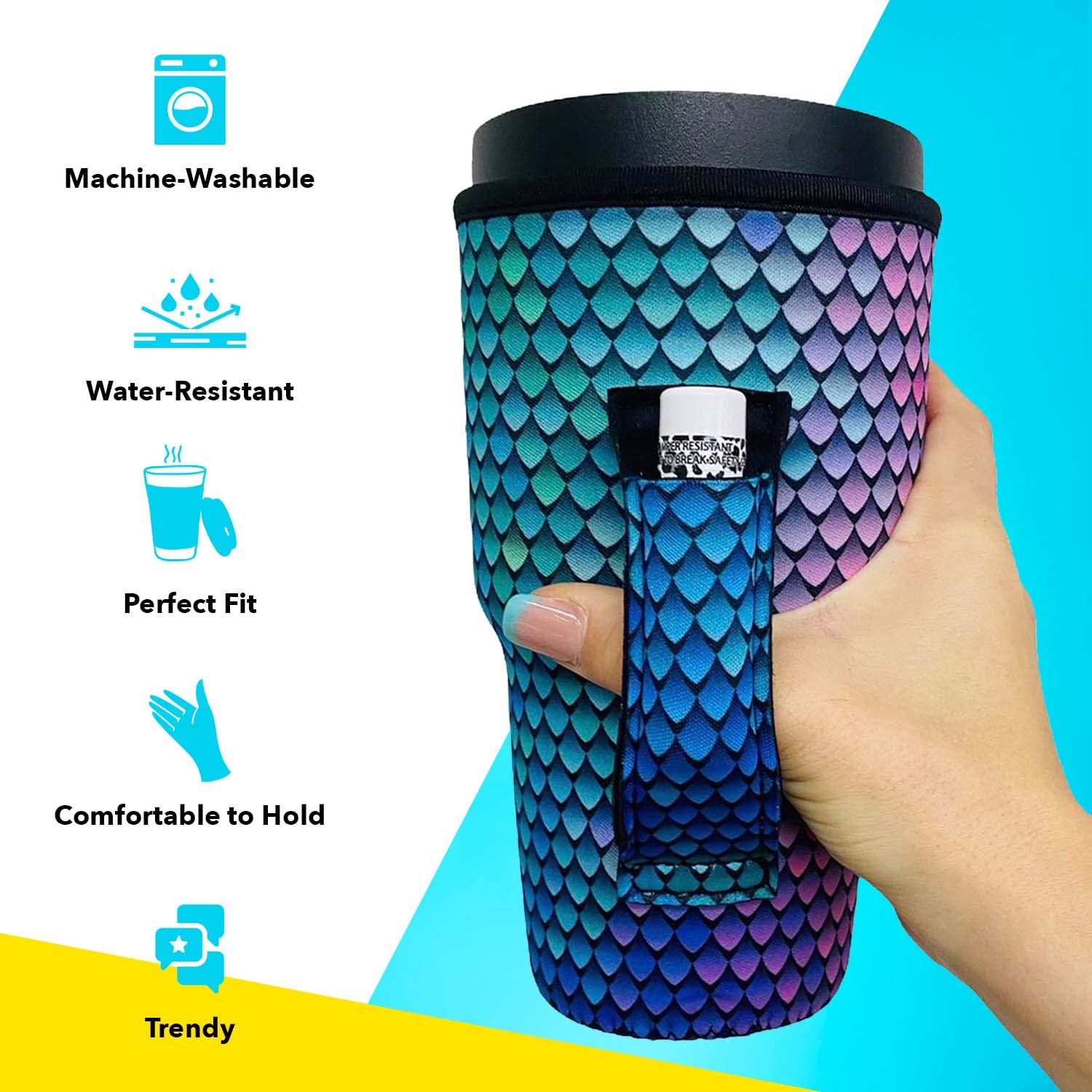 Lit Handlers Insulated Neoprene Tumbler Sleeve with Handle & Pocket - 30-38oz Leopard Print Cup Cover for Beer, Cans & Shaker Bottles - Water Resistant Drink Holder for Coffee, Travel & Gym Use