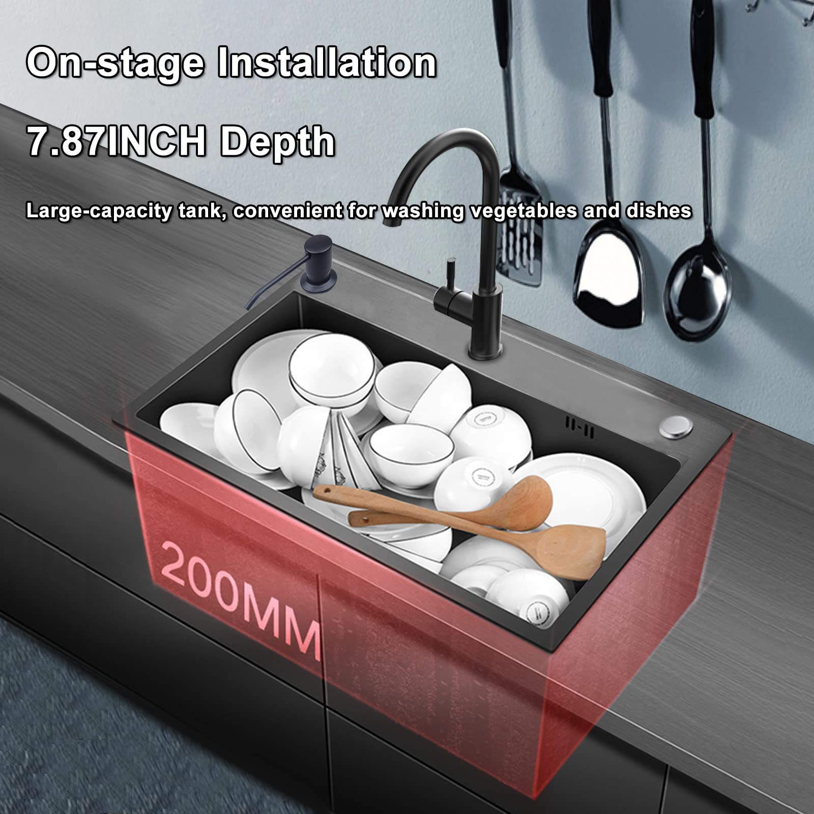 Undermount Single Bowl Kitchen Sink with Faucet - 304 Stainless Steel Large Capacity Sink, Black Nano Coating, Thick & Durable for Home Use - Perfect for Meal Prep, Dishwashing & Modern Kitchen Design