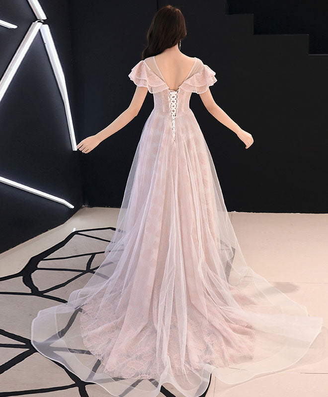 Elegant Pink Round Neck Tulle Lace Long Prom Dress - Formal Evening Gown for Homecoming, Ball, Wedding & Special Occasions