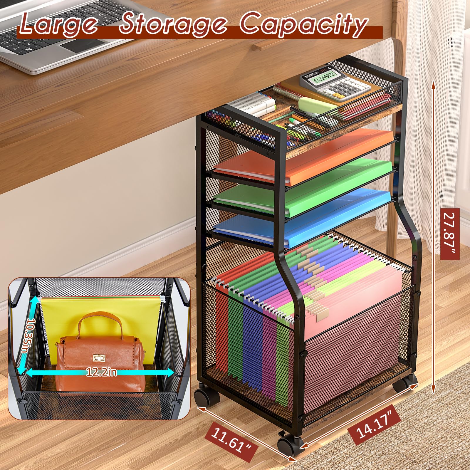 5-Tier Rolling File Cart with Hanging Folders - Mobile Desk Organizer with Lockable Wheels, Wood & Mesh Paper Trays for Office, Home & School Use - Perfect for Document Storage, Classroom Organization and Home Office Filing