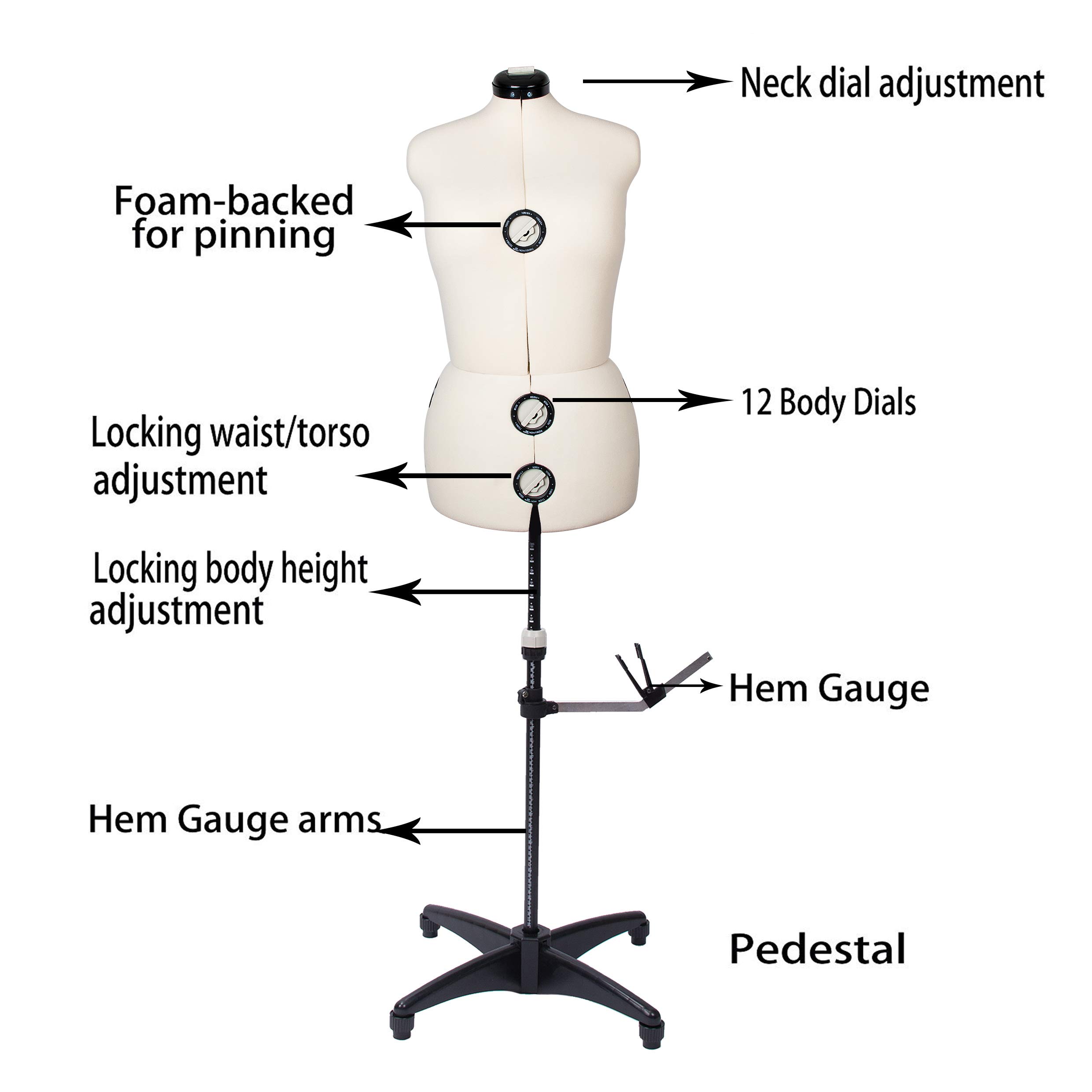 BHD BEAUTY Adjustable Dress Form Mannequin - 13-Dial Beige Fabric Body Torso with Tripod Stand for Sewing & Tailoring (XL, Up to 70