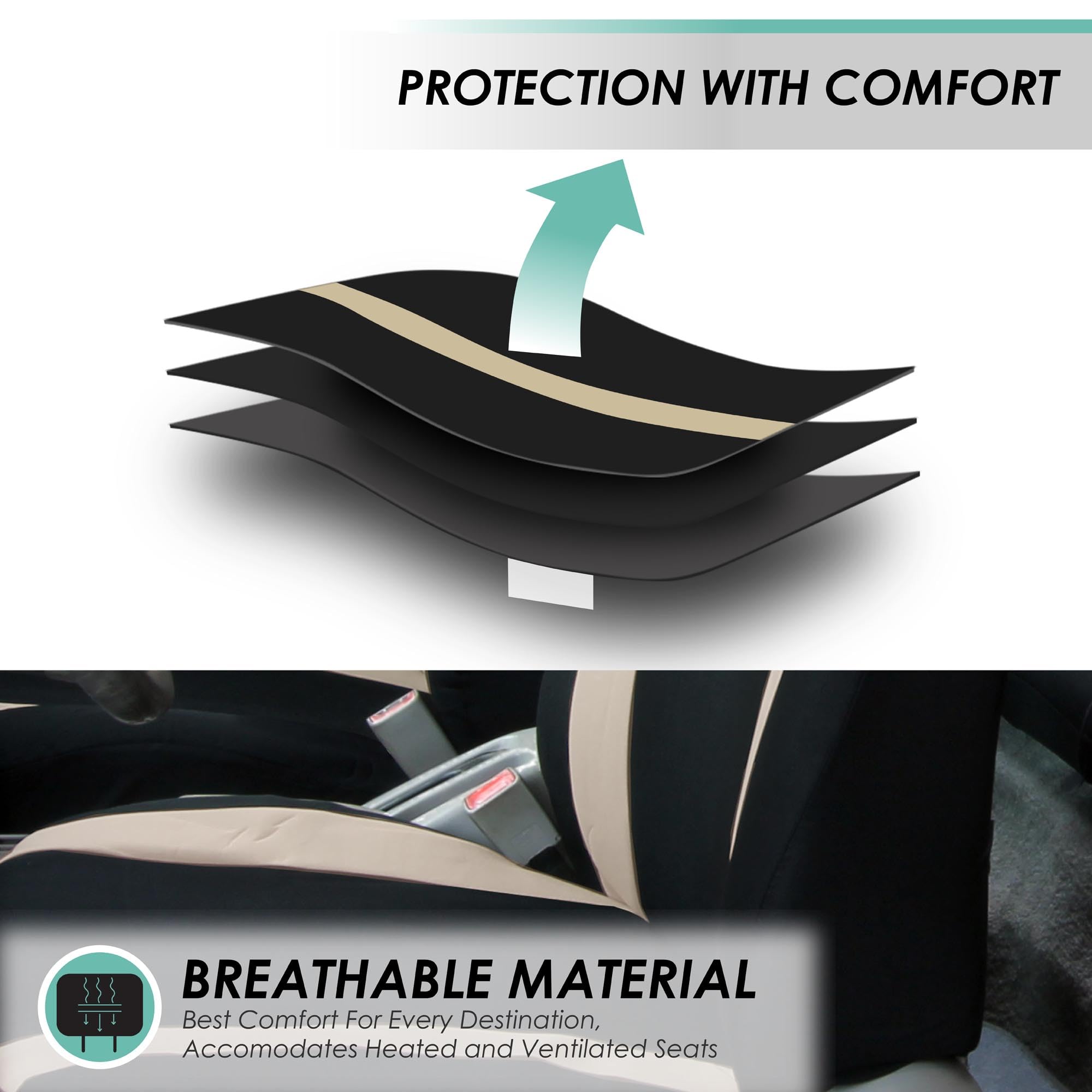 FH Group Universal 3-Row Beige Automotive Seat Covers - Airbag Compatible Split Rear Design for Cars, Trucks & SUVs | Premium Interior Accessories for Comfort & Protection | Perfect for Road Trips, Family Travel & Daily Commute