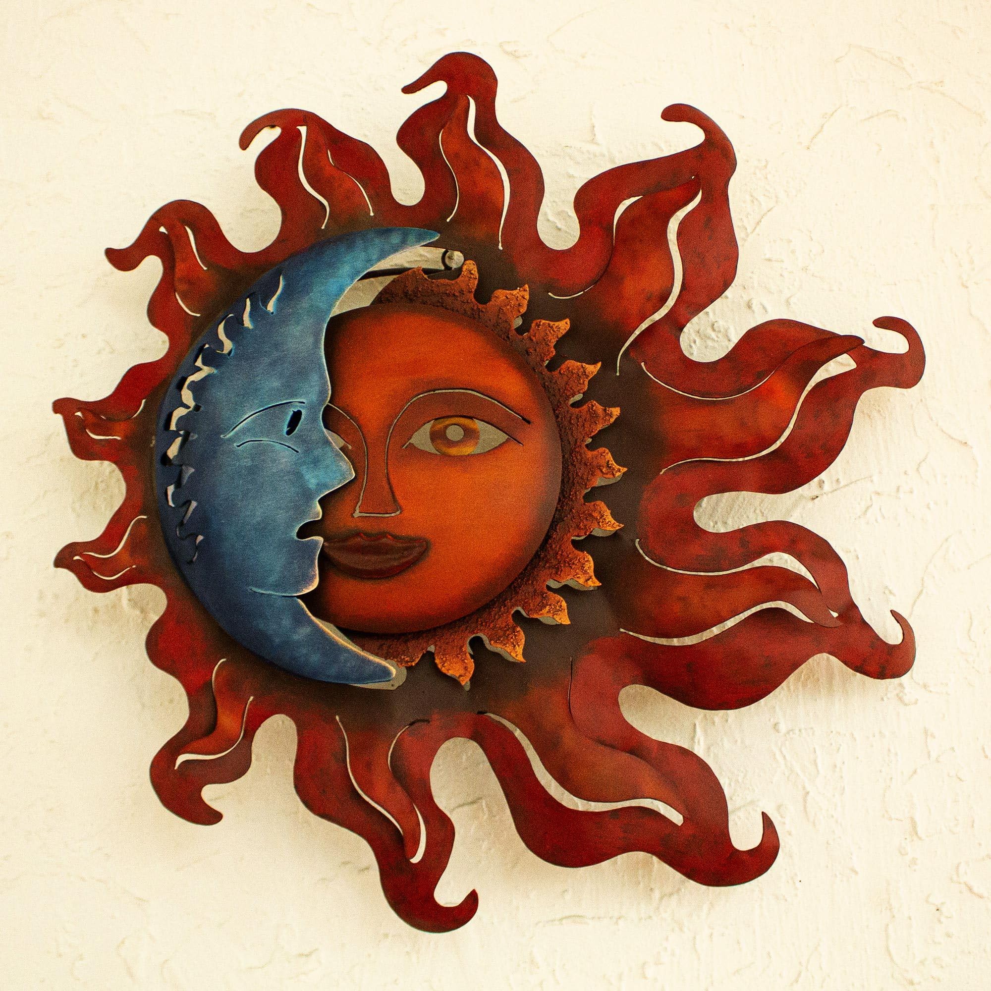 Handmade NOVICA Sun and Moon Metal Candle Holder - 'Eclipse Over Jalisco' Brown Wall Sconce for Home Decor | Perfect for Living Room, Bedroom & Outdoor Patio Lighting