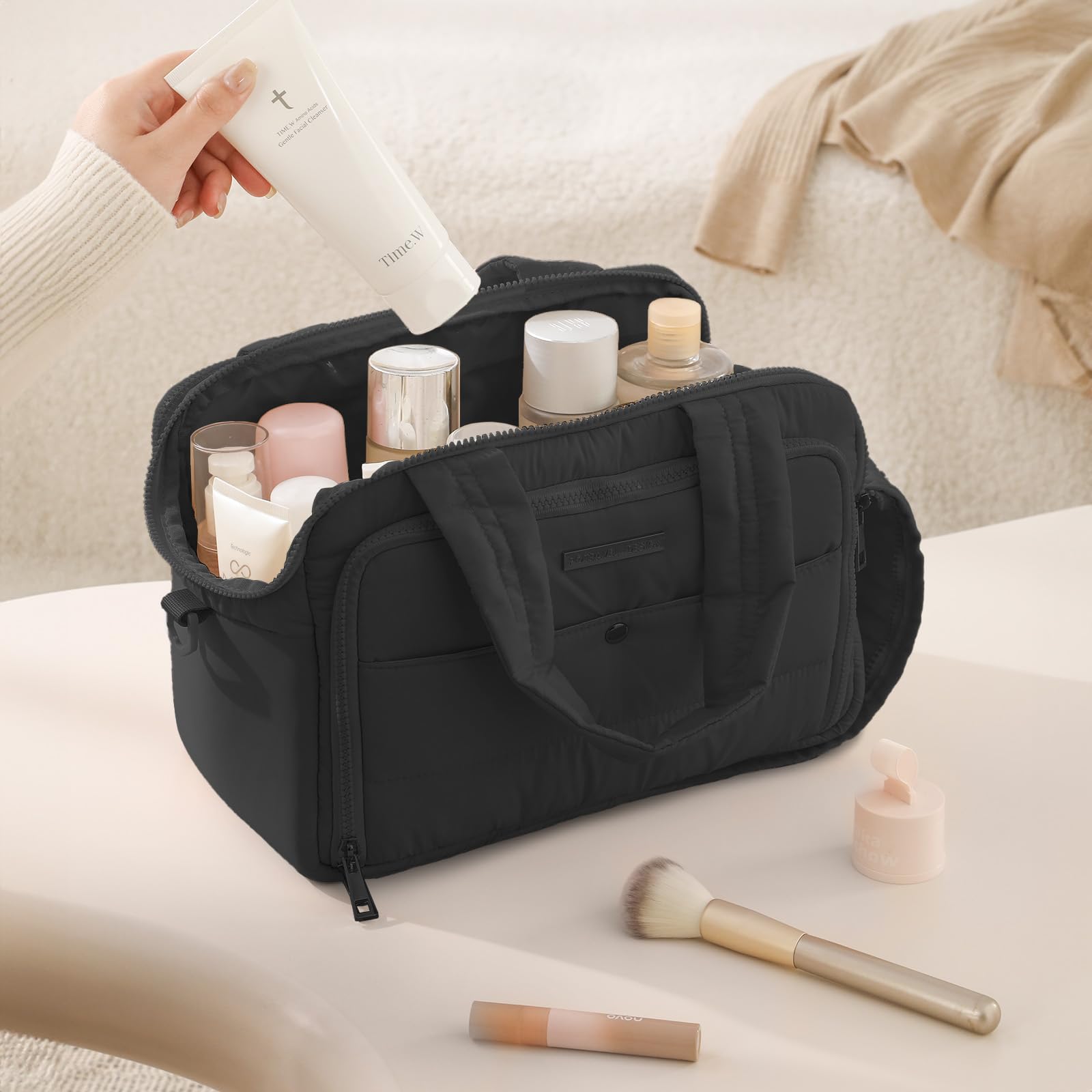Large Waterproof Travel Toiletry Bag for Women - Extra-Large Cosmetic Organizer with Wide Handle & Adjustable Shoulder Strap, Dry-Wet Separation Compartment for Toiletries & Beauty Essentials (Black) - Perfect for Air Travel, Gym, Camping & Weekend Getaways
