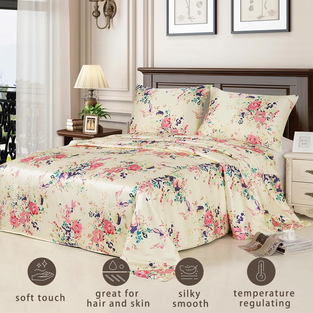 Maxfeel 100% Mulberry Silk Duvet Cover Set - Queen/King/Cal King Size Floral Print Charmuse Silk Bedding | Luxury Soft Comforter Cover for Master Bedroom, Guest Room & Hotel Use