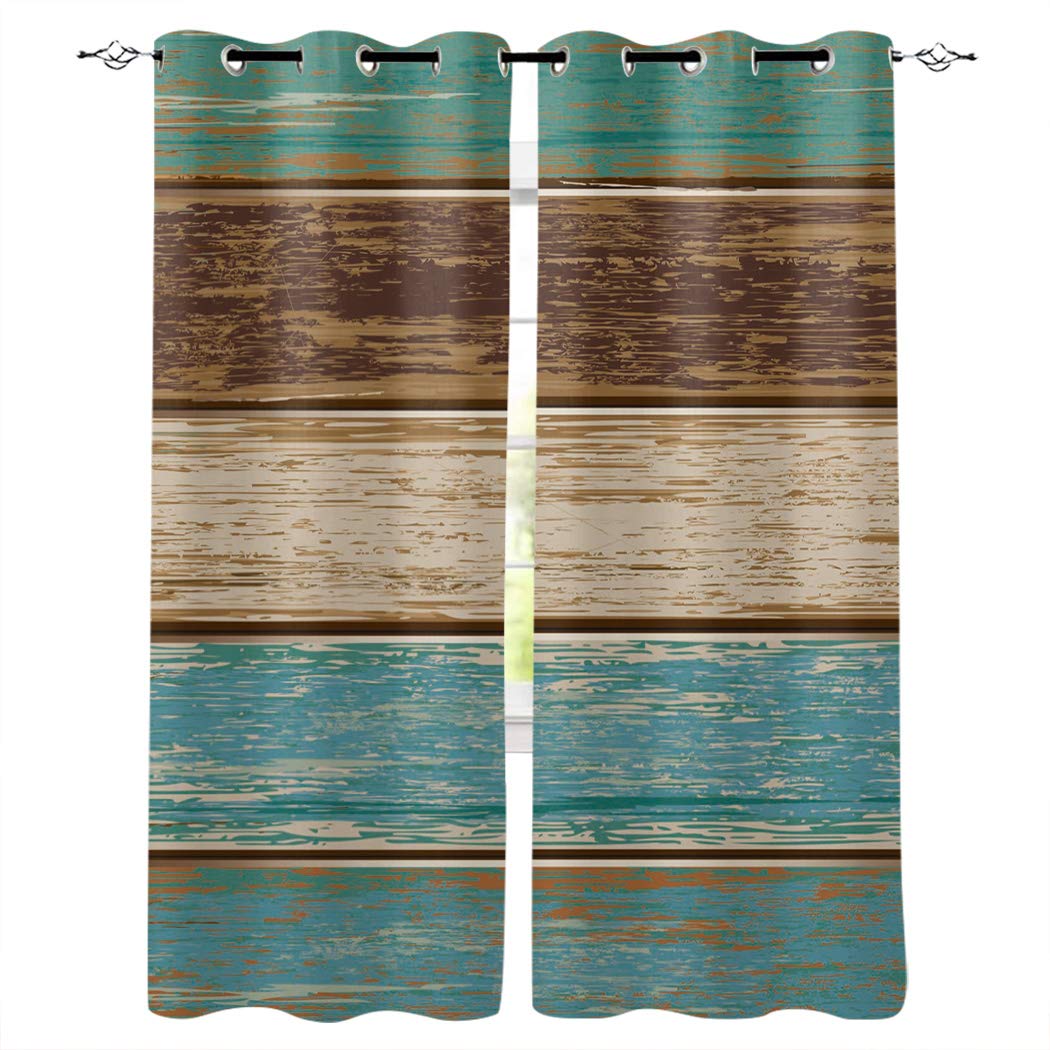 Vintage Rustic Barn Wood Teal Green Brown Window Curtain Panels - Set of 2 (104