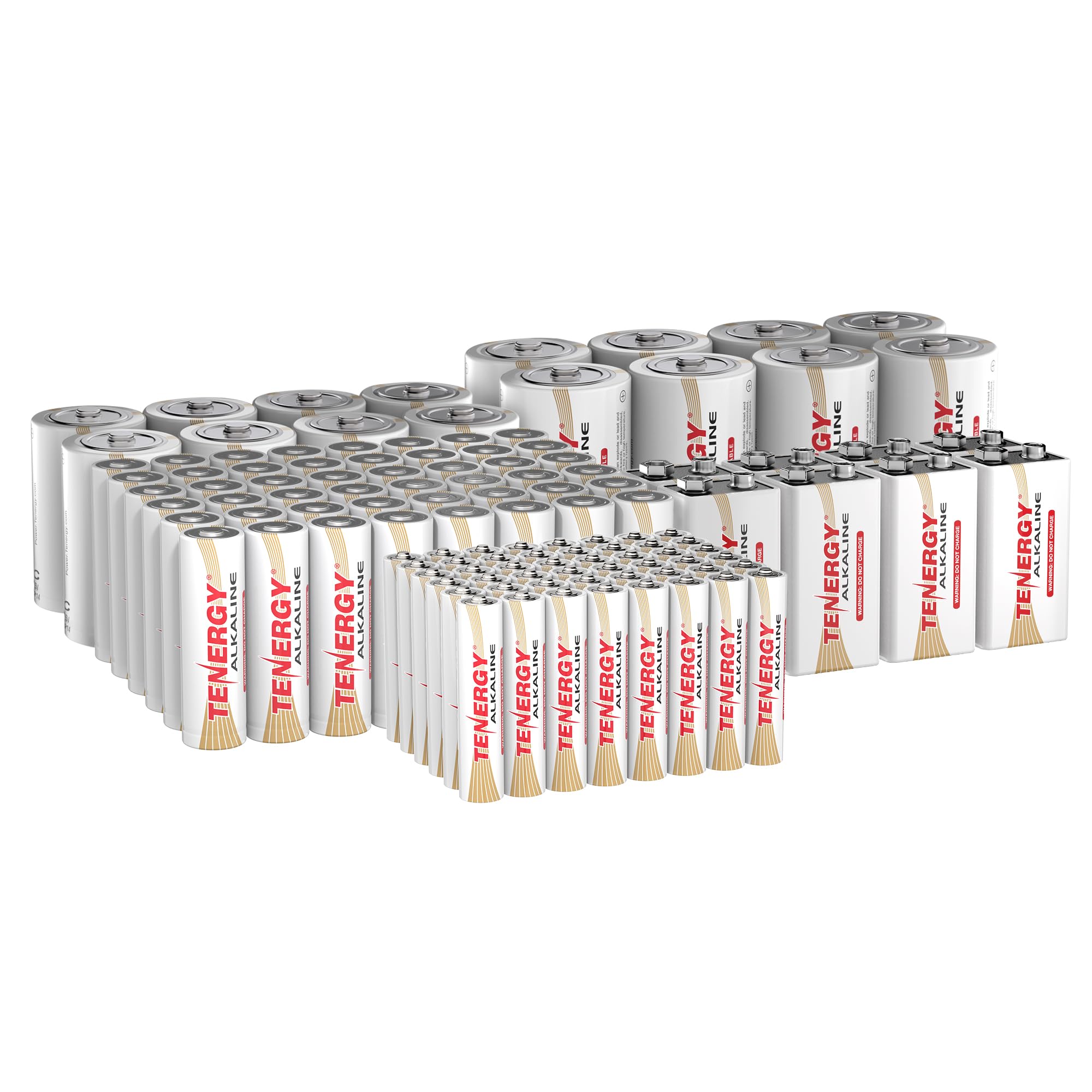 Tenergy 120-Count Alkaline Battery Variety Pack - 48 AA, 48 AAA, 8 C, 8 D & 8 9V Batteries for Household Electronics - Perfect for Remote Controls, Toys, Flashlights, Smoke Detectors and Emergency Devices