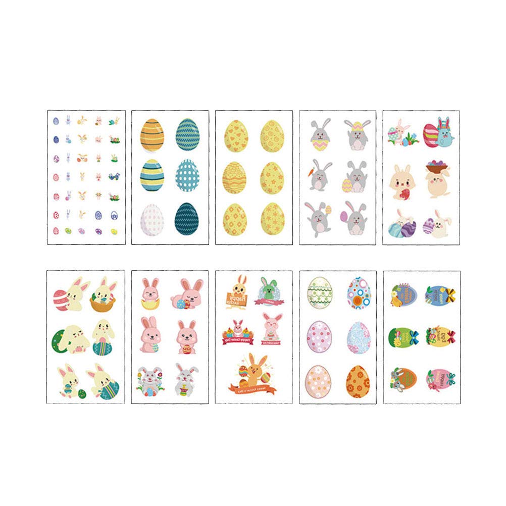 INOOMP 50 Sheets Easter Temporary Tattoos - Waterproof Bunny & Egg Cartoon Stickers for Kids - Self-Adhesive Body Art Decor (10 Sheets) - Perfect for Easter Parties, Egg Hunts & Spring Festivals