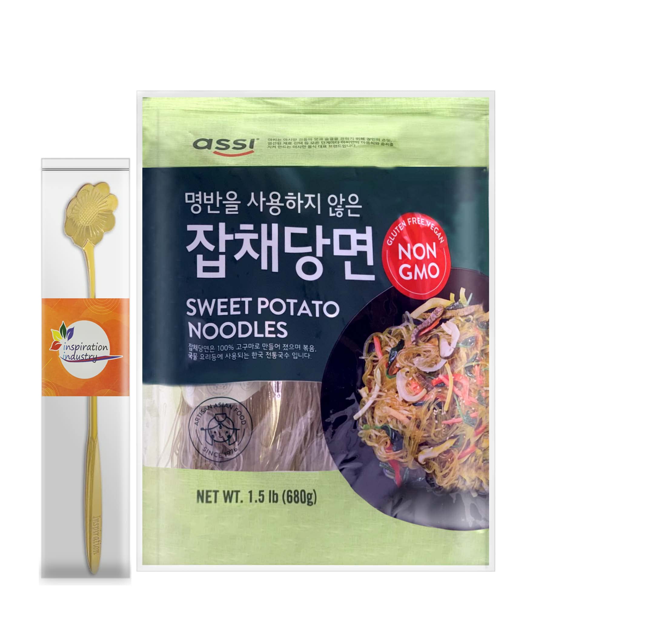 ASSI Japchae Sweet Potato Noodles - 1.5LB (680g) Glass Noodles - Korean Stir Fry Noodle - Vegan & Gluten-Free - Includes Free Coffee Spoon - Perfect for Asian Cooking, Meal Prep & Healthy Eating