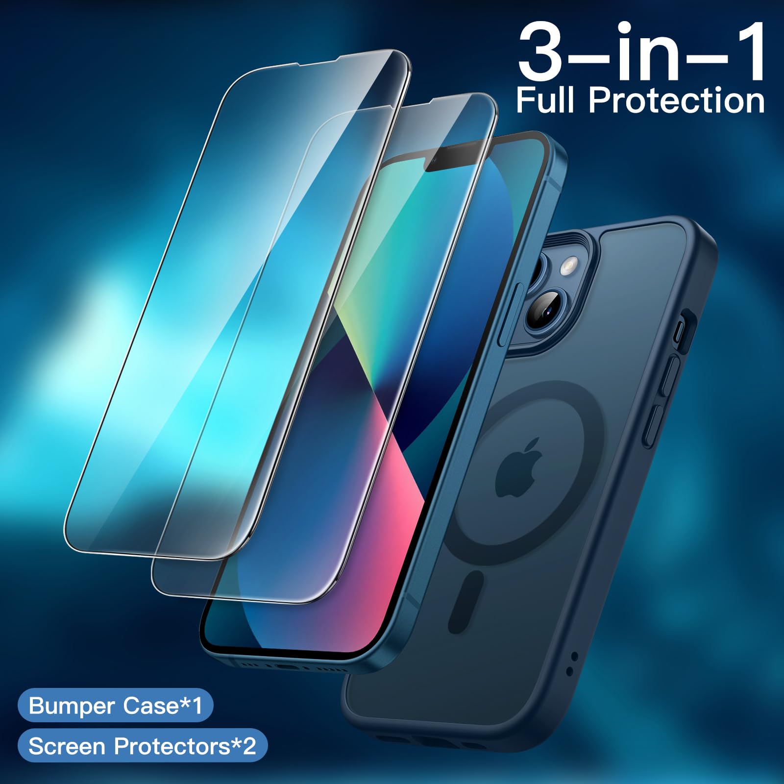 JETech 3 in 1 Magnetic Case for iPhone 13 6.1-Inch | Shockproof Translucent Matte Cover with 2-Pack Tempered Glass Screen Protector | MagSafe Compatible | Storm Blue | Perfect for Work, Travel & Everyday Protection