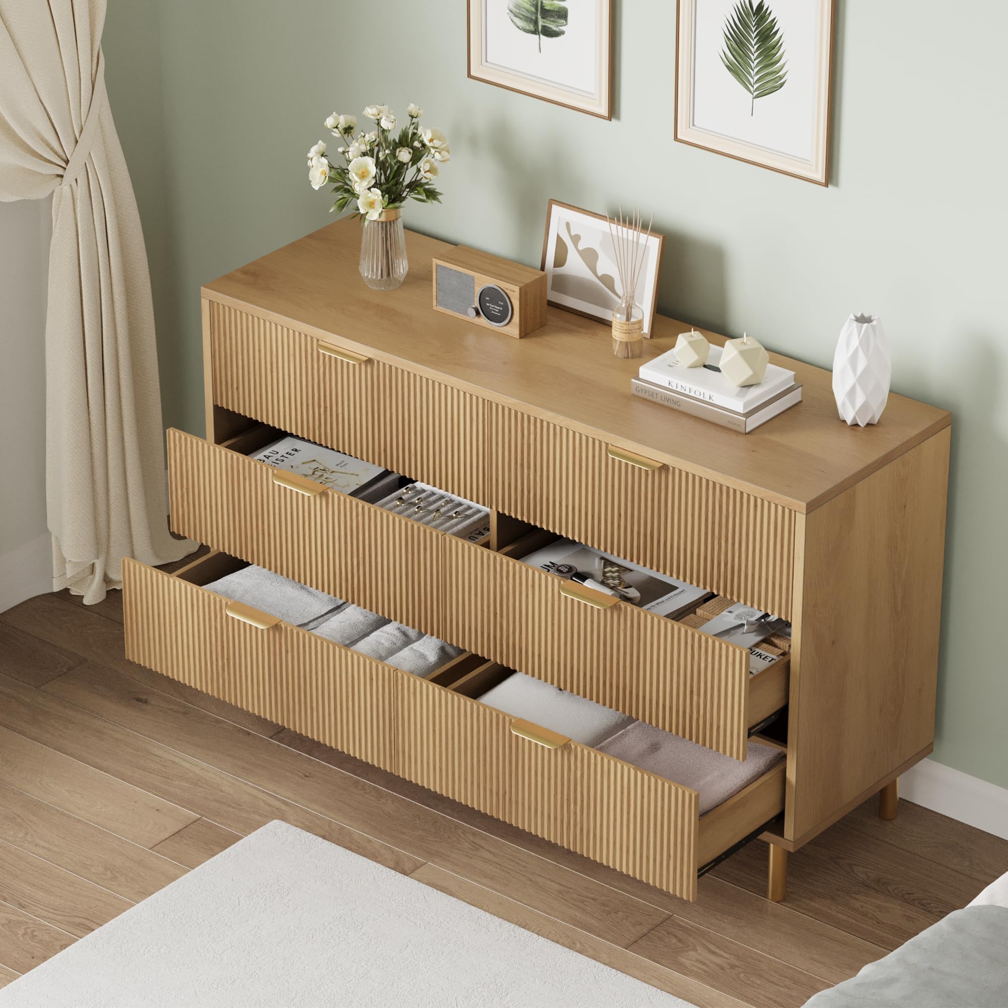 Modern 6-Drawer Wood Dresser with Gold Handles - Natural Finish Double Chest Storage Organizer for Bedroom, Living Room, Hallway & Entryway - Perfect for Home Organization and Stylish Decor