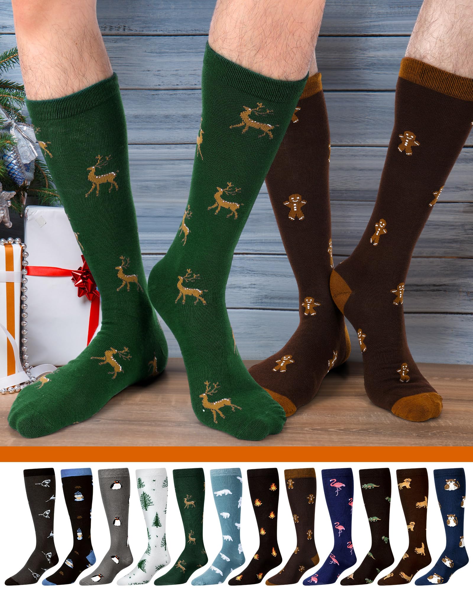 12 Pairs Novelty Over-the-Calf Socks for Men - Fun Knee High Dress Socks for Christmas & Winter Holidays - Warm Cotton Long Socks for Cold Weather - Perfect Gift for Men, Office Workers & Outdoor Enthusiasts