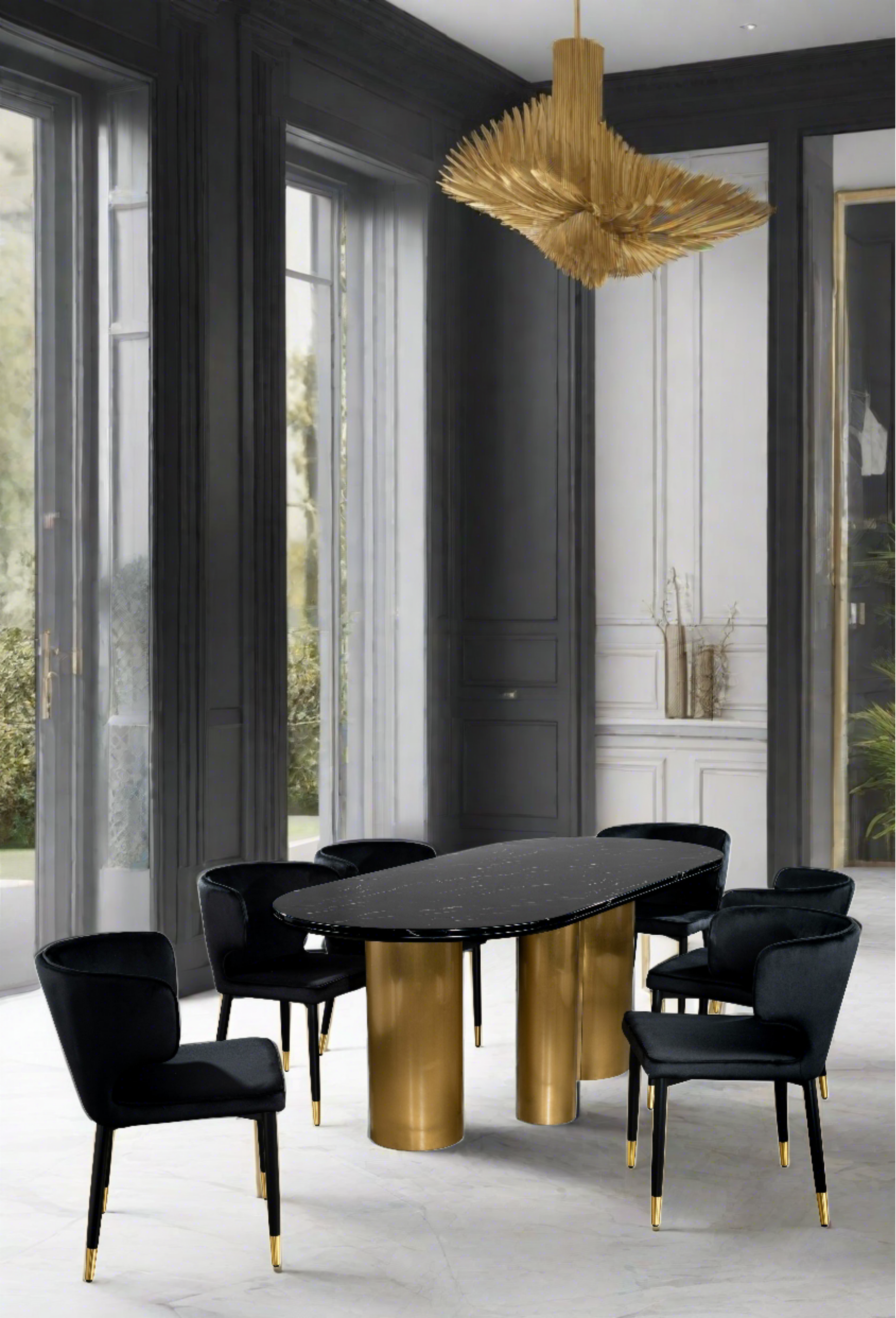 Balmain Marble Top Oval Dining Table for 6 with Black Chairs - Elegant Modern Dining Set for Home & Restaurant Use