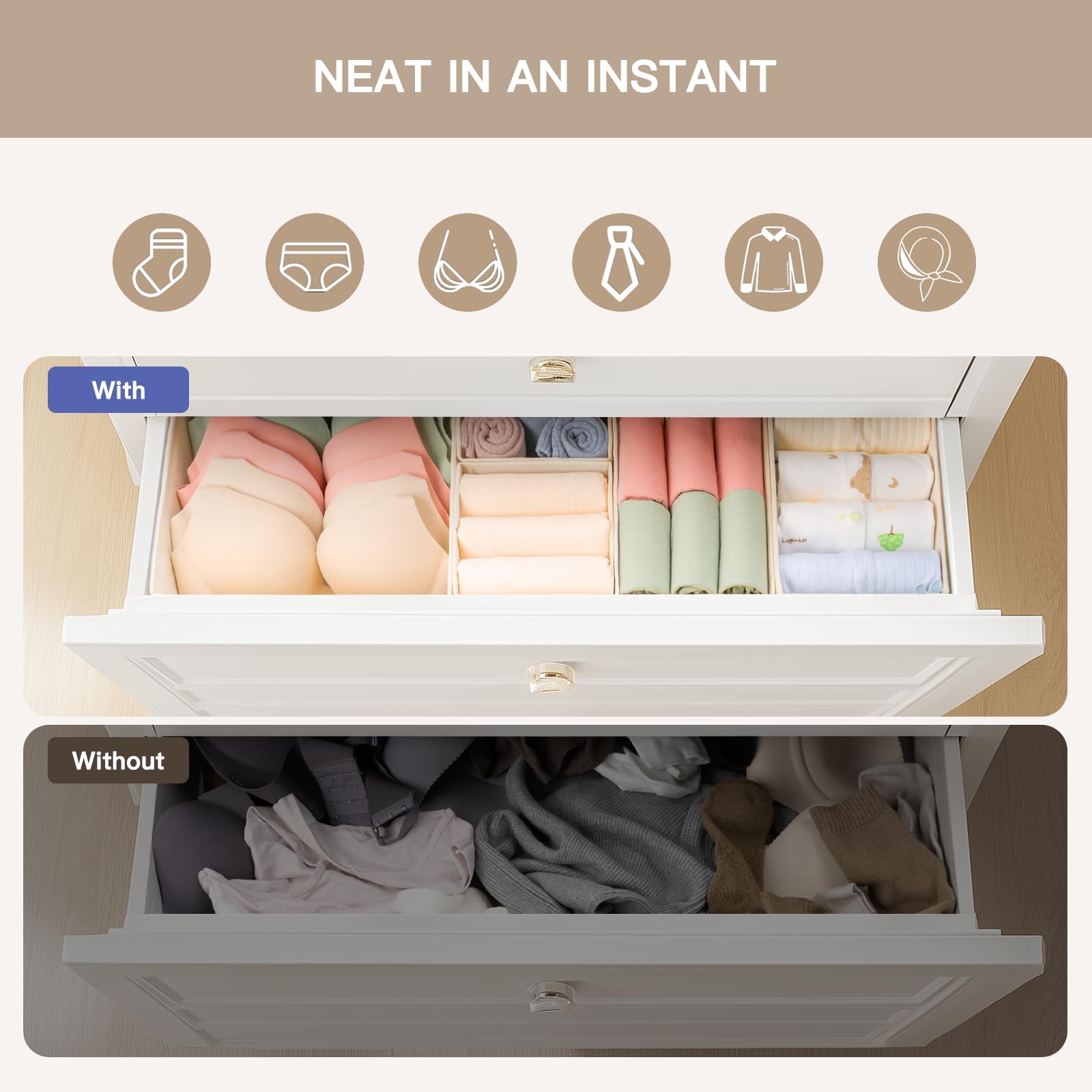 10-Pack Beige Drawer Organizers for Baby Clothes & Underwear - Foldable Nursery Storage Bins for Bedroom Closet Organization
