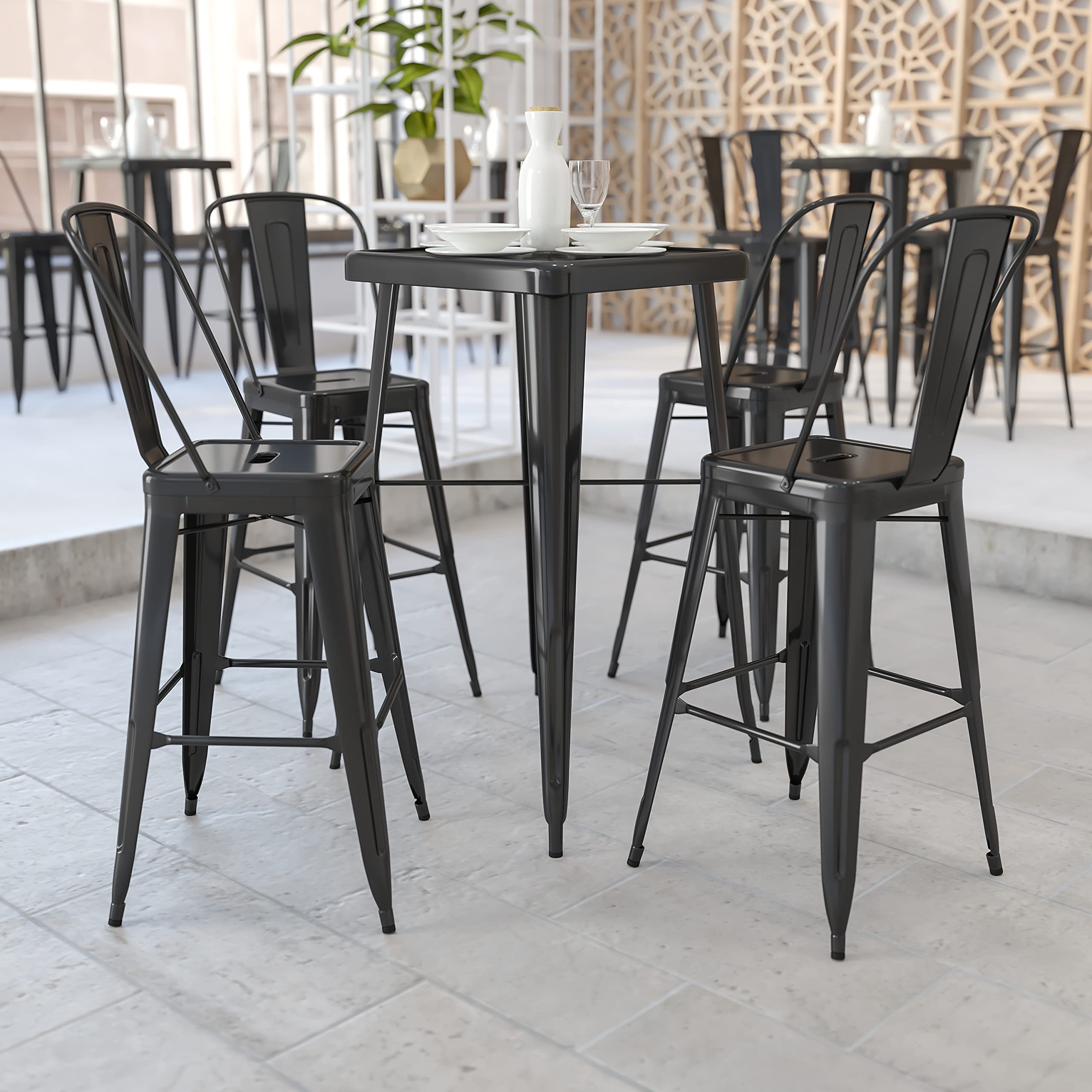 EMMA + OLIVER Commercial Grade 23.75 Square Foot Black Metal Bar Table Set with 2 Stools - Indoor & Outdoor Use for Patio, Restaurant, and Home Bar Decor