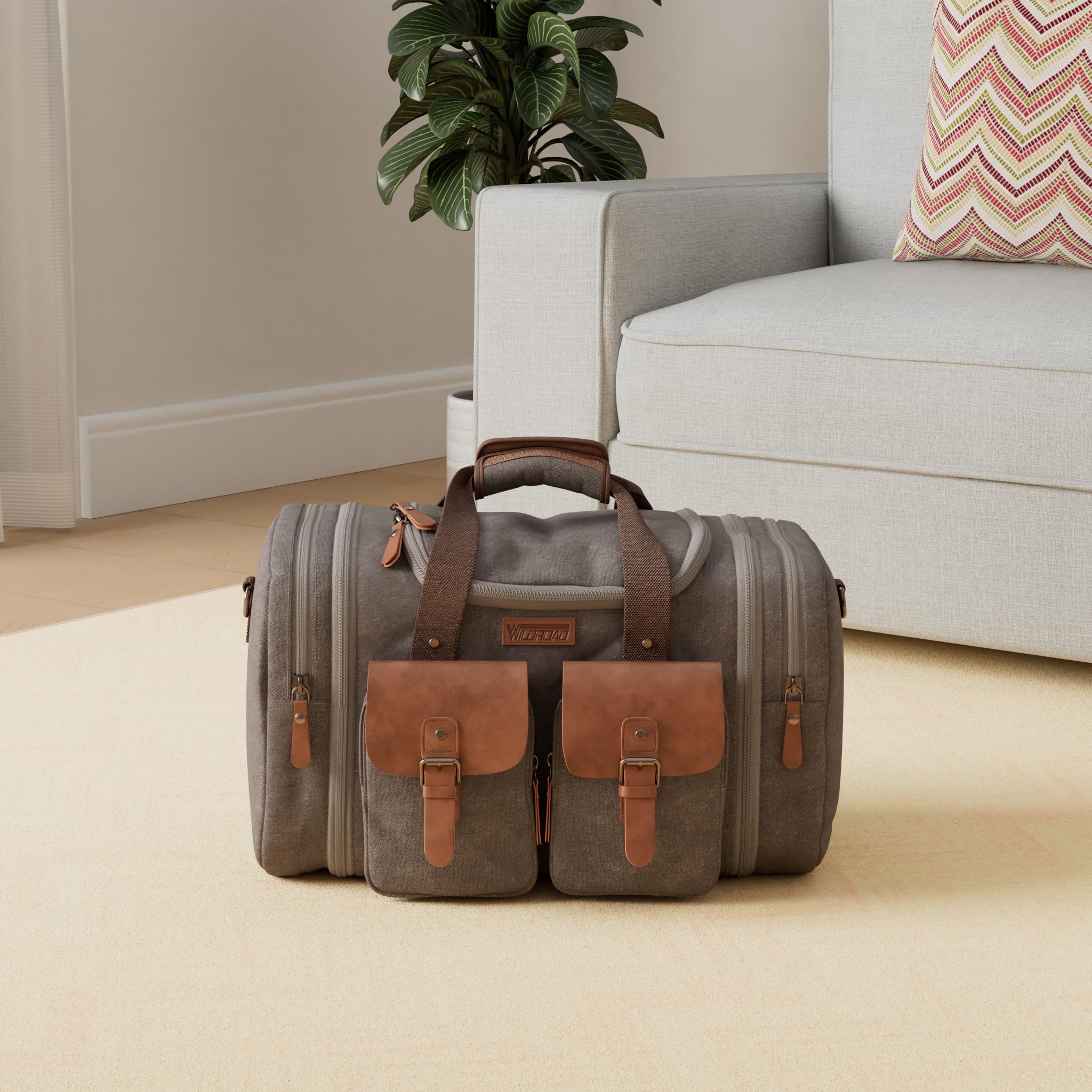 Wildroad 50L Expandable Travel Duffel Bag - Waterproof Canvas & Genuine Leather Weekender Carry On Bag for Men & Women - Perfect for Overnight Trips, Gym, Camping & Business Travel