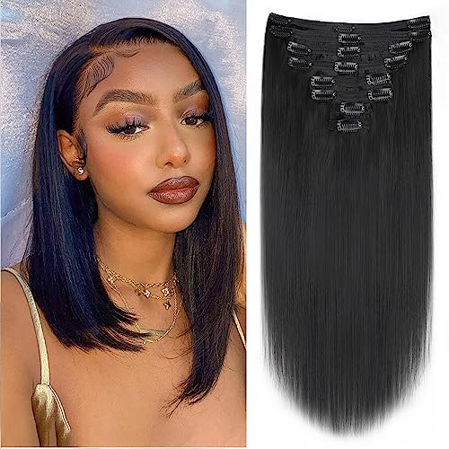 Premium 12 Inch Brazilian Silky Straight Clip-In Hair Extensions - 8pcs Set with 18 Clips (120g) for Black Women | Natural Black Human Hair for Volume & Length | Perfect for Daily Wear, Parties & Special Occasions