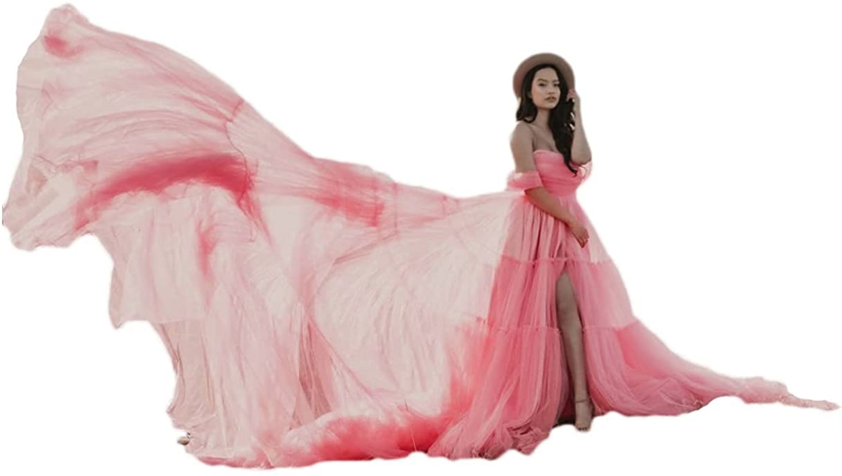 Elegant Tulle Maternity Gown for Photoshoot - Flowy Strapless Wedding Dress with Court Train, Lace Up Back & Ruffled Top - Perfect for Maternity Photography, Bridal Showers and Special Occasions