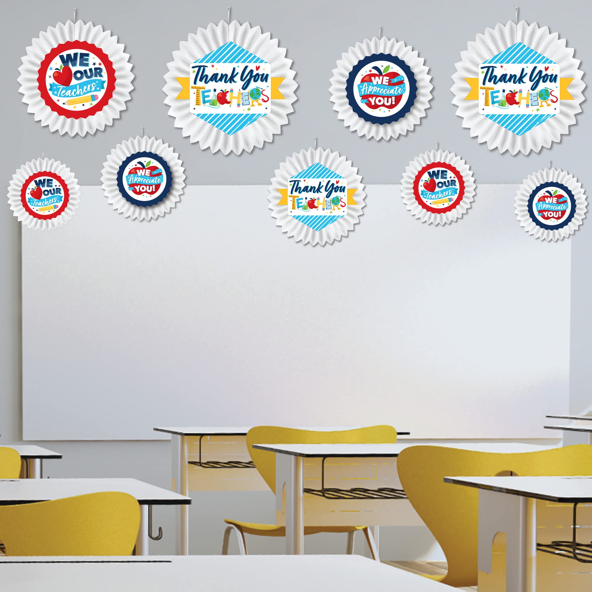 Big Dot of Happiness Thank You Teachers - Hanging Teacher Appreciation Tissue Paper Decoration Kit with 9 Paper Fans - Perfect for Classroom Decor, Teacher Gifts & School Celebrations