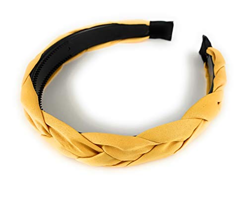 Mustard Yellow Satin Braided Headband - Soft Fabric Covered Hair Band with Grip Teeth, 7/8 Inch Wide - Perfect for Workouts, Yoga, and Everyday Styling