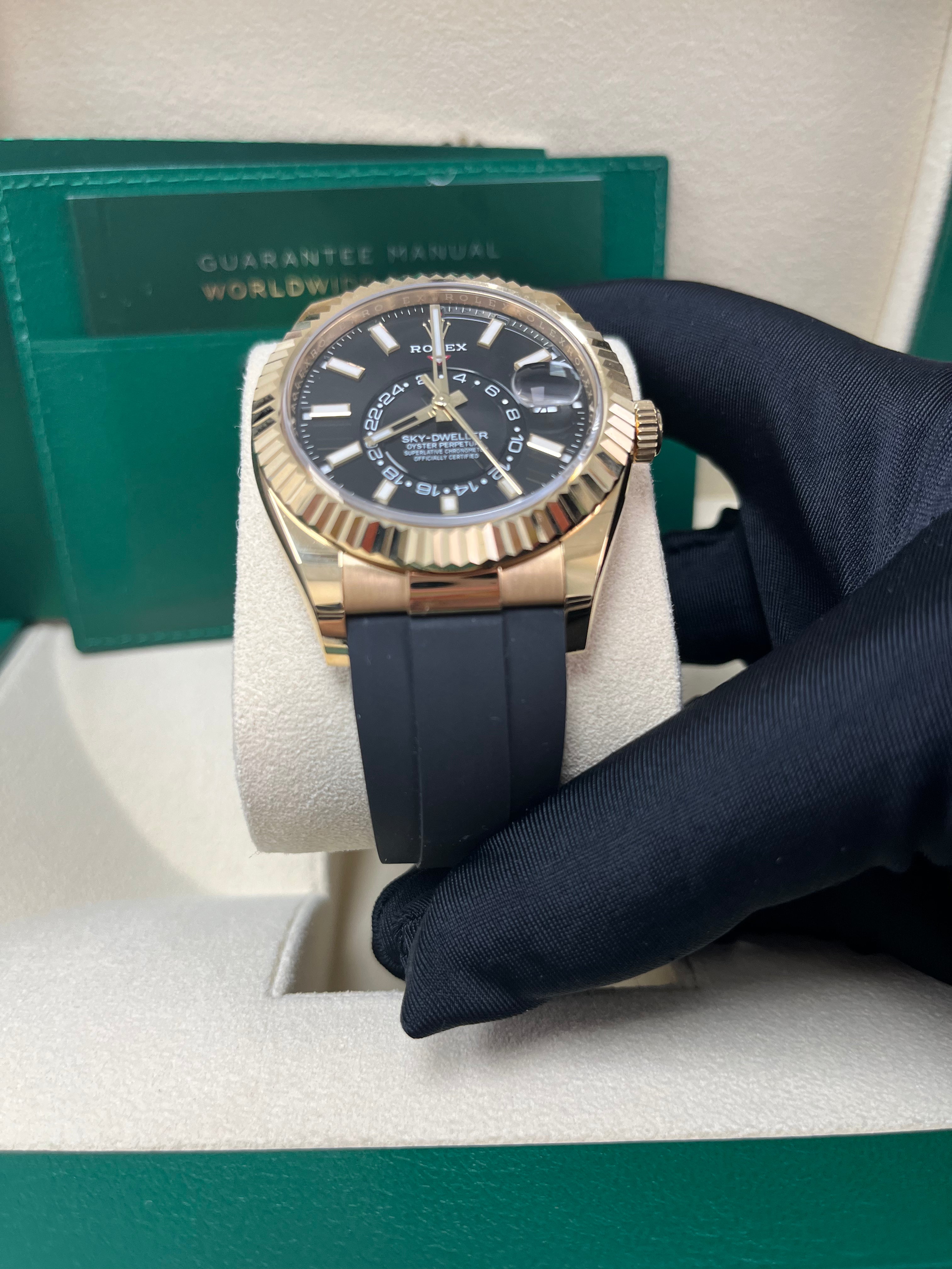 Rolex Sky-Dweller 18K Yellow Gold Watch with Black Index Dial & Oysterflex Bracelet (Ref# 326238) - Luxury Timepiece for Business Travelers & Watch Collectors