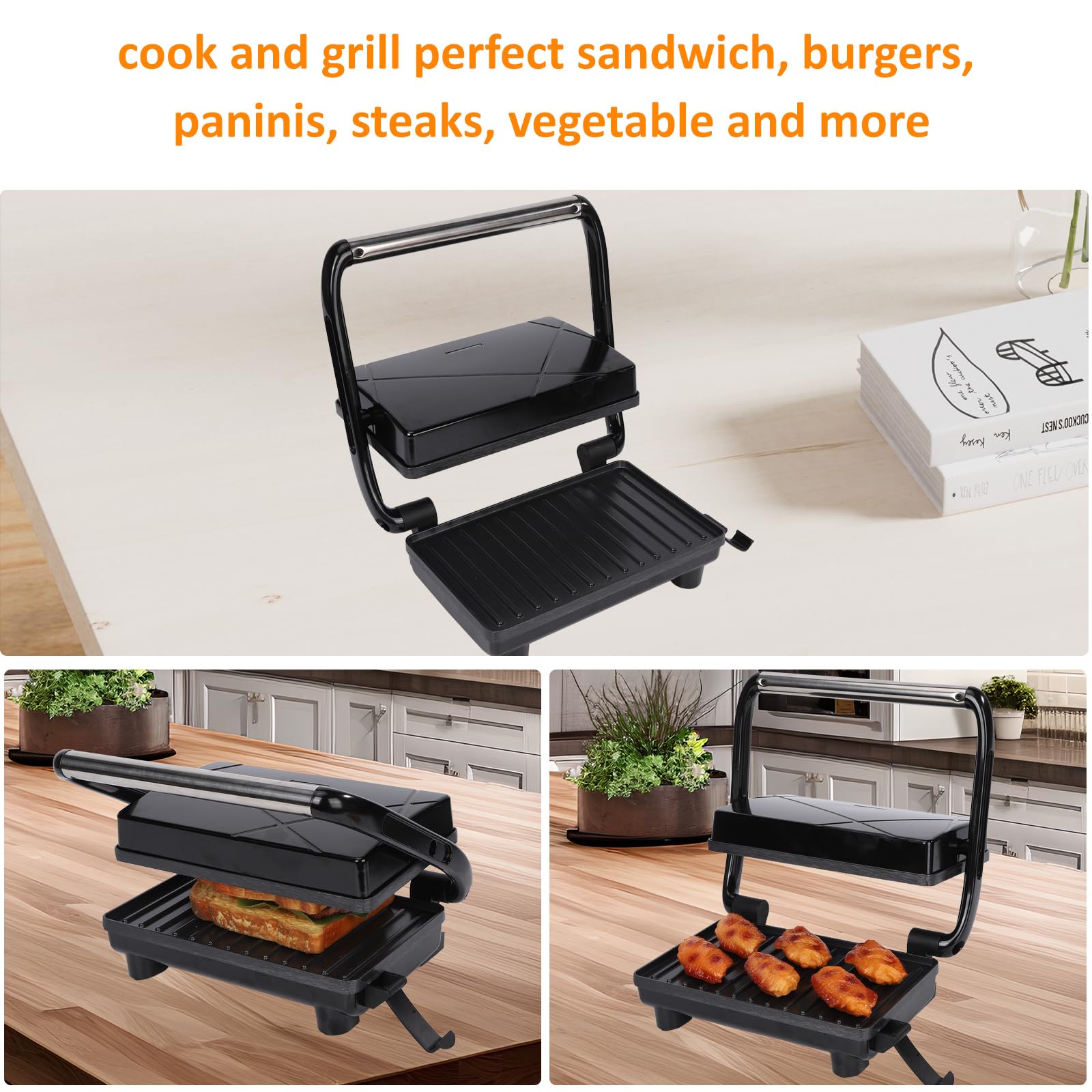 Electric Sandwich Maker & Panini Press with Non-Stick Coated Plates, 180° Adjustable Grill for Burgers, Waffles, Quesadillas - Perfect for Home, Office & Camping Use (H802D)