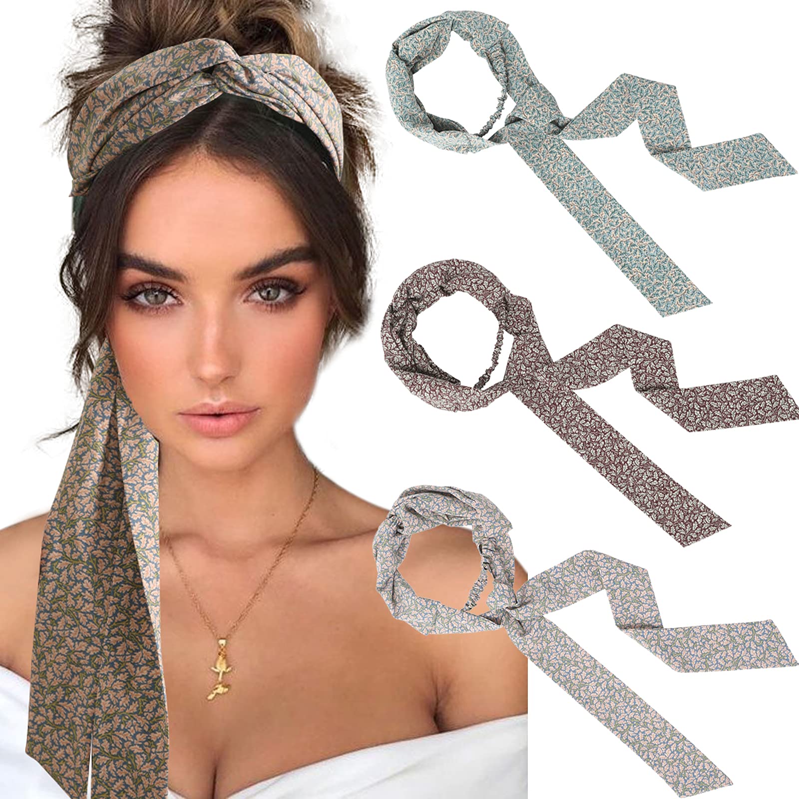 AWAYTR Women's Long Head Wraps & Hair Bands - 3 Pack Chiffon Criss Cross Headbands for Long Thick Hair (Cyan Blue, Red) | Perfect for Yoga, Workouts, and Everyday Styling