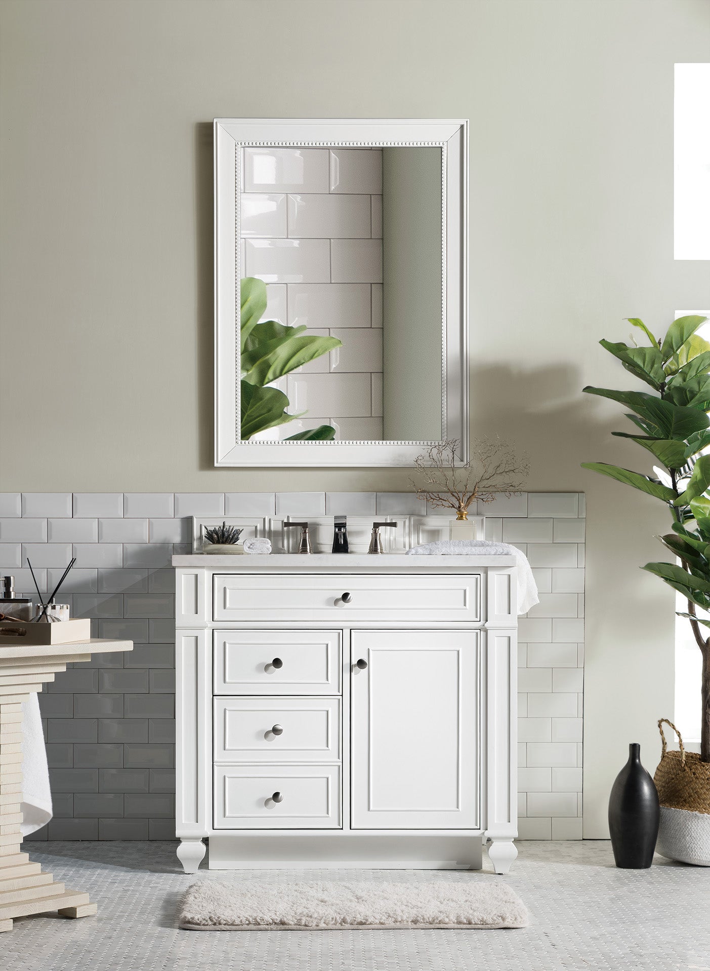 Bristol 36 Inch Single Bathroom Vanity with 3CM Arctic Fall Solid Surface Top in Bright White - Perfect for Modern Home Bathroom Renovation and Small Space Design