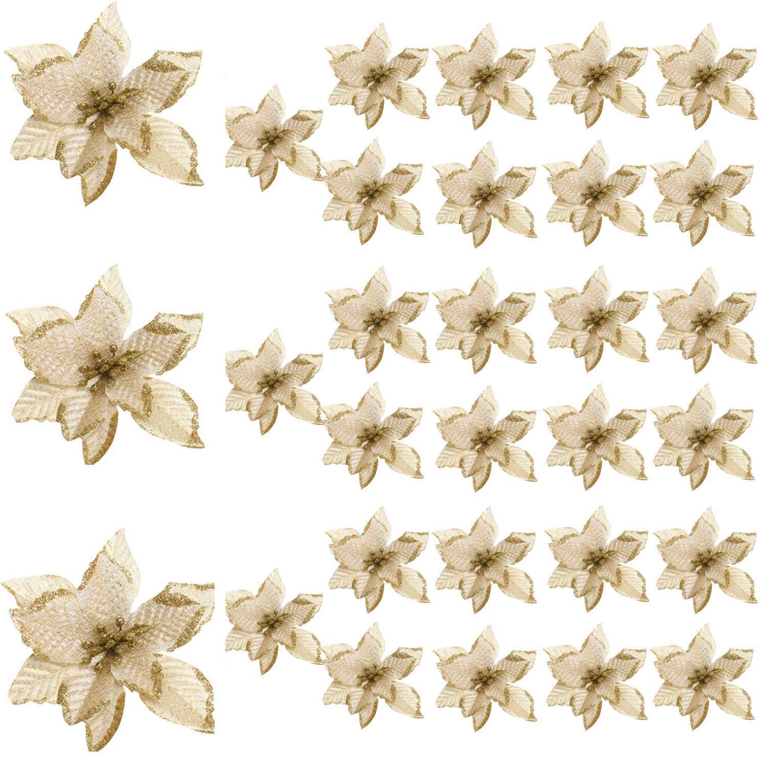 30-Piece Gold Glitter Christmas Tree Ornaments Set - Artificial Poinsettia Flowers for Holiday Decor, Wedding, Wreaths & Festive Tree Decorations - Perfect for Christmas, Parties & Home Decoration
