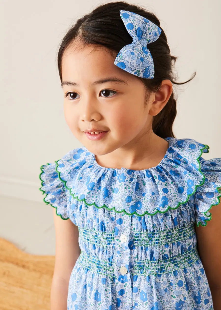 Olivia Floral Smocked Ruffle Collar Sleeveless Dress for Girls - Blue Summer Dress for Baby to Kids (12 Months to 10 Years) | Perfect for Birthday Parties, Family Photos & Special Occasions