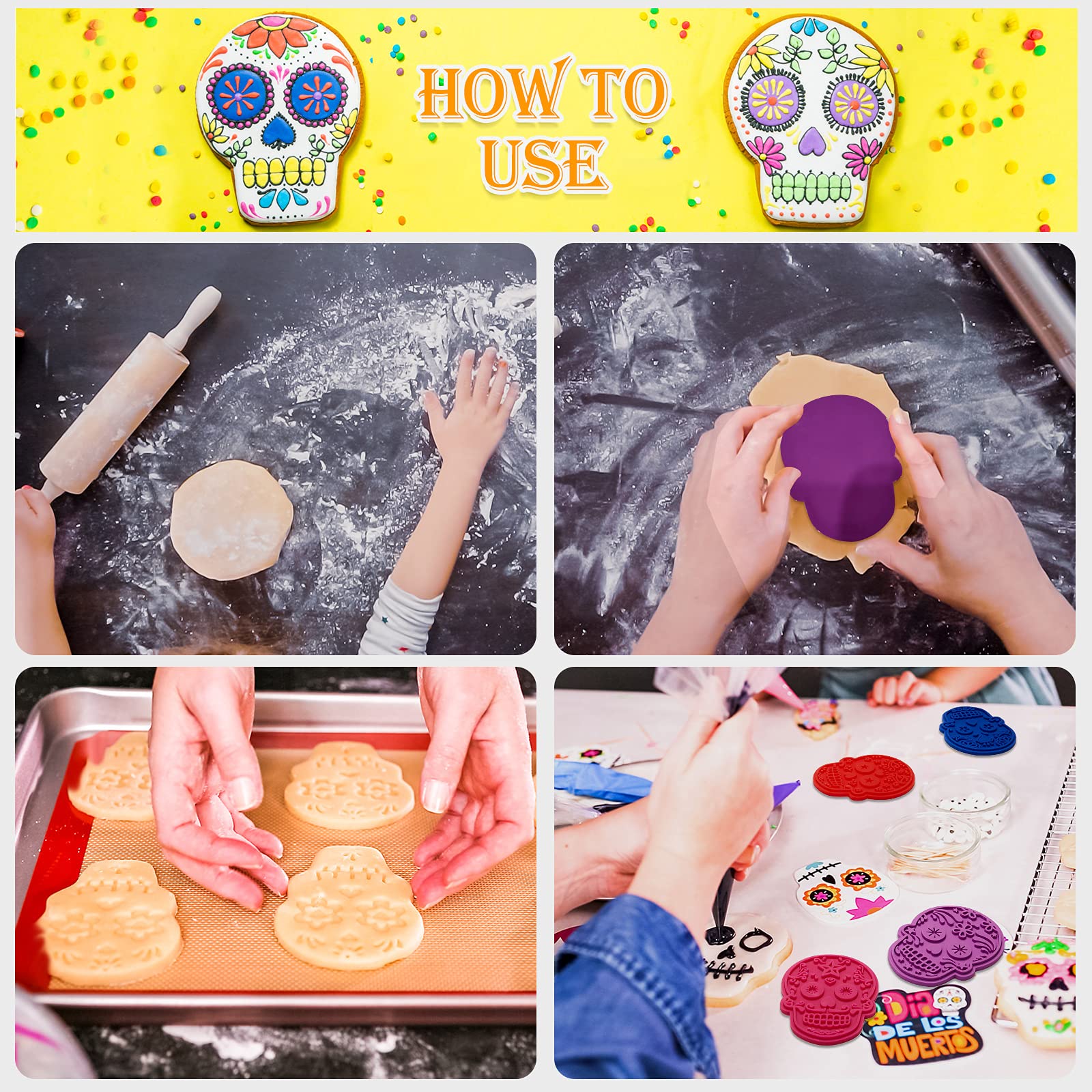 6-Piece Halloween Sugar Skull Cookie Cutters & Stamps Set - Day of the Dead Cookie Molds for Baking, Ice Cubes, Jelly, Soap, Chocolate Making - Perfect for Halloween Parties, DIY Crafts & Holiday Baking