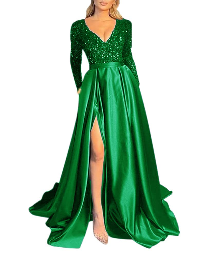 Elegant V-Neck Long Sleeve Sequin Satin Prom Dress with High Slit - Formal Evening Gown for Homecoming, Pageant & Special Occasions